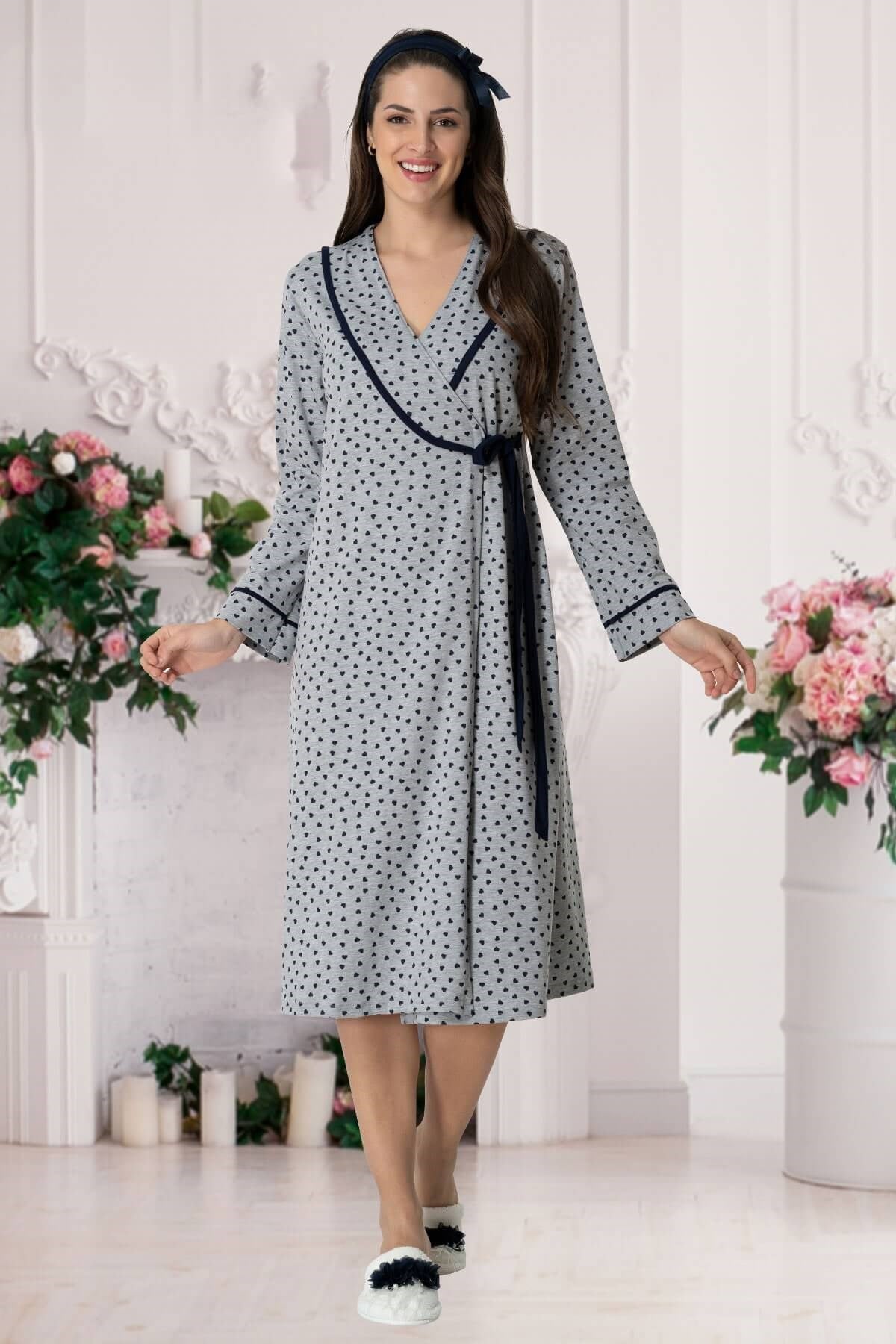 Carpediem 1564 Lacivert Kalp Desenli Lohusa Pijama Gecelik Sabahlık Set