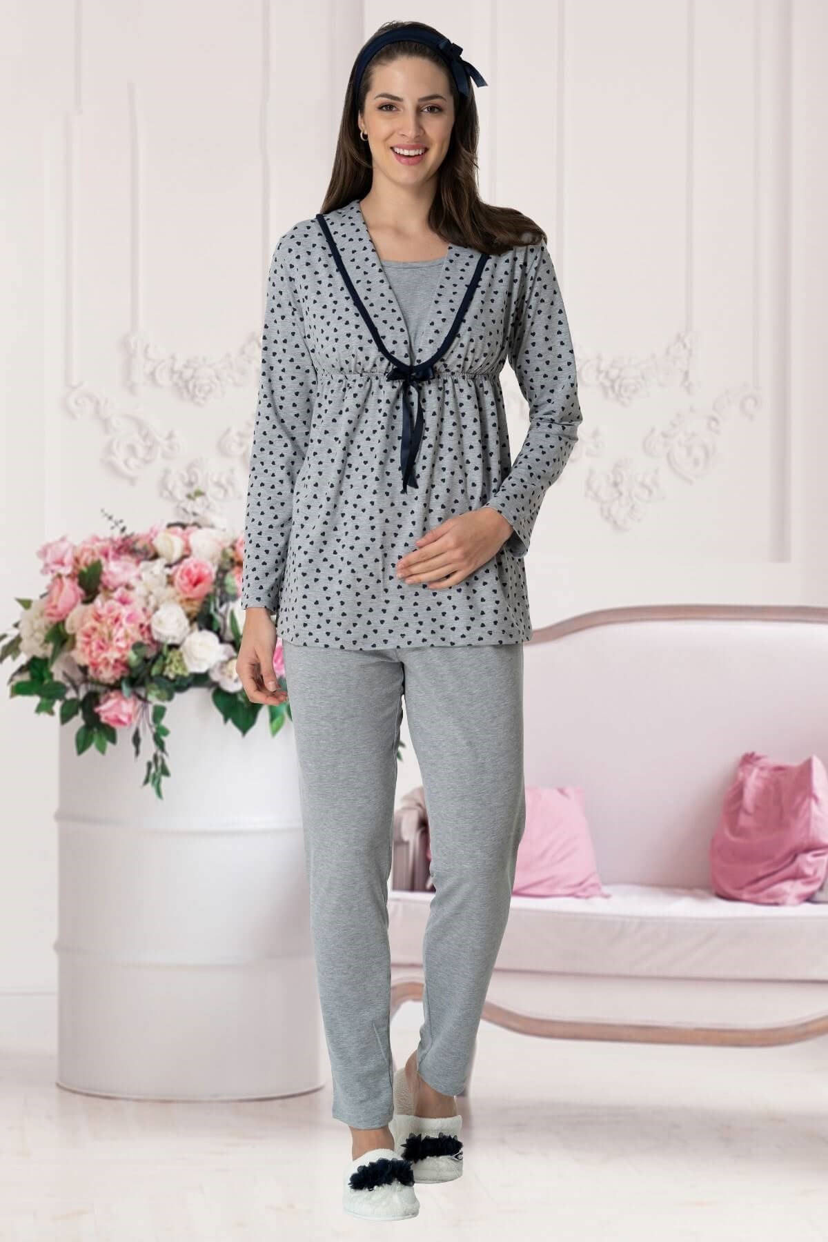 Carpediem 1564 Lacivert Kalp Desenli Lohusa Pijama Gecelik Sabahlık Set