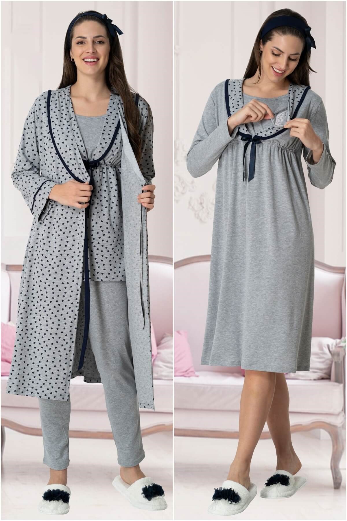 Carpediem 1564 Lacivert Kalp Desenli Lohusa Pijama Gecelik Sabahlık Set