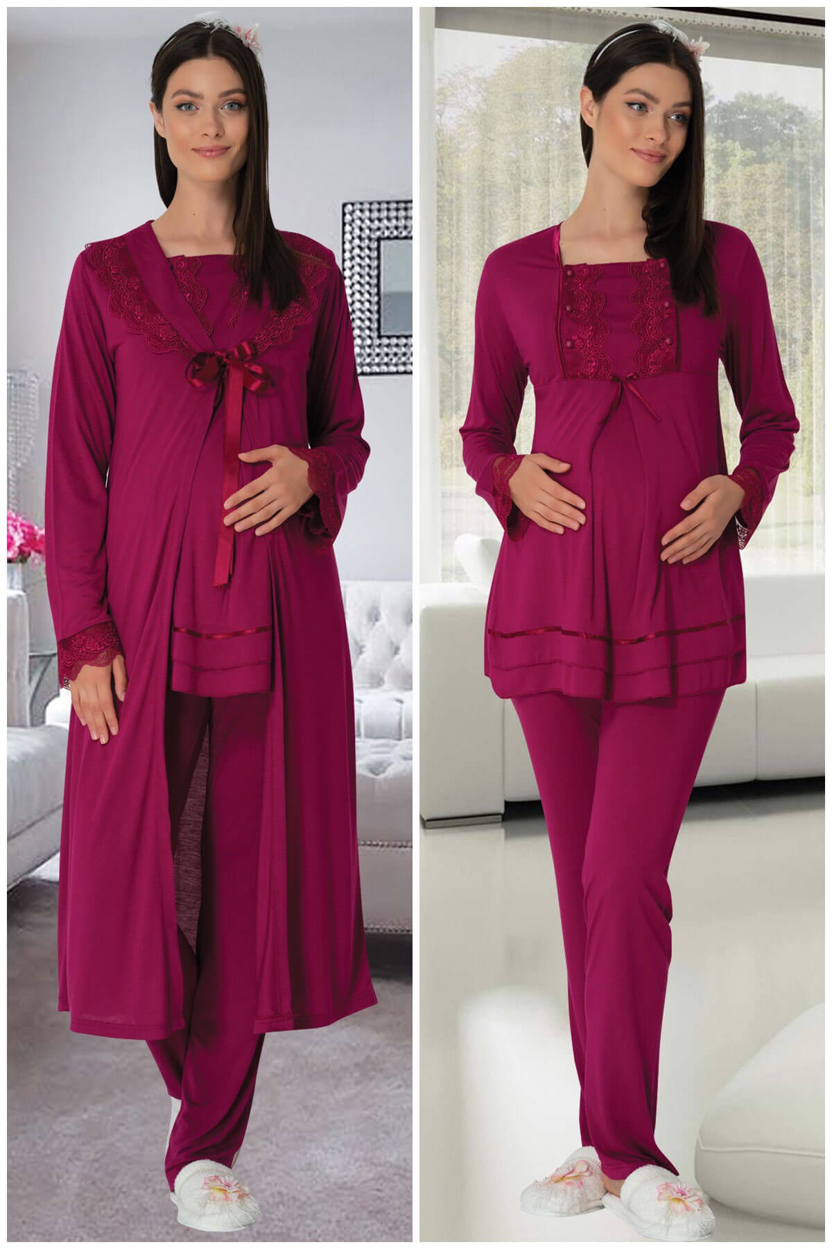 Carpediem L.R. 1513 Fuşya Sabahlıklı Hamile Lohusa Pijama Takımı