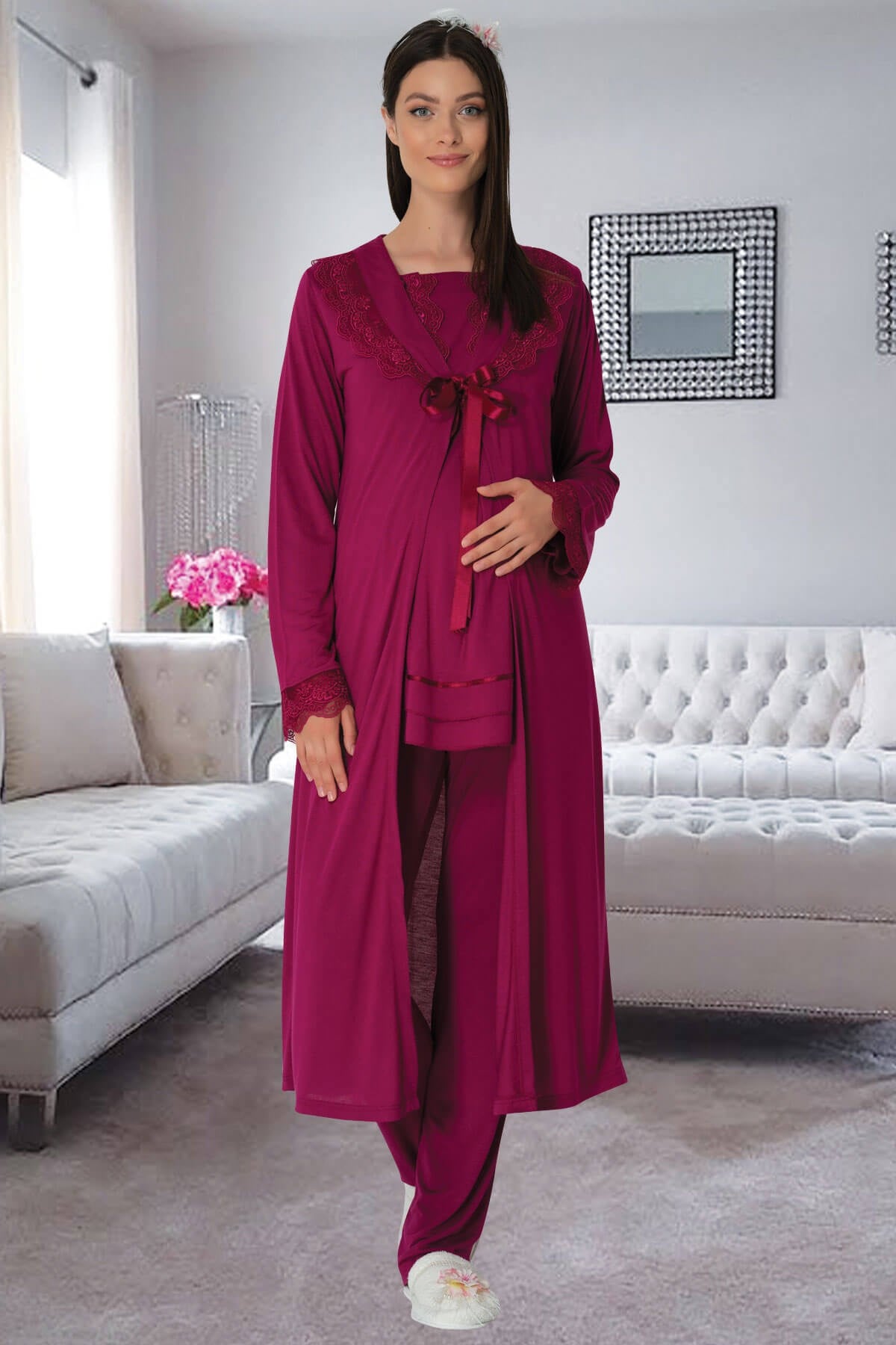 Carpediem L.R. 1513 Fuşya Sabahlıklı Hamile Lohusa Pijama Takımı