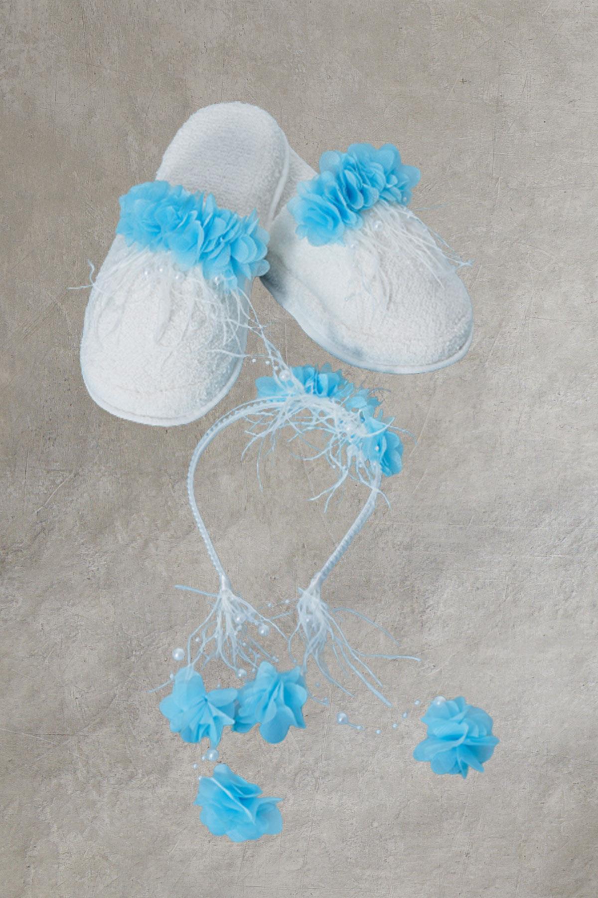 Mecit 0054 Turkuaz Çiçekli Lohusa Taç Terlik Seti