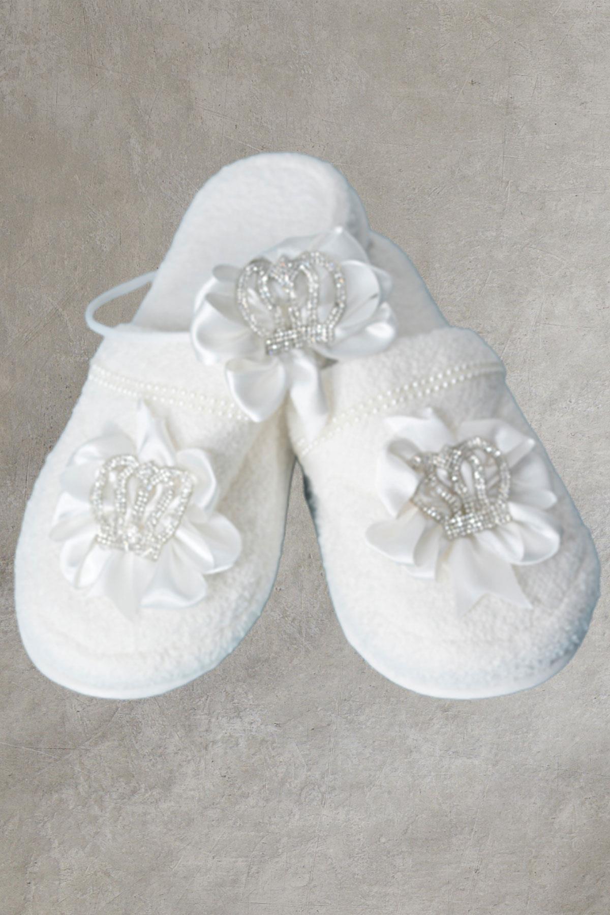 Mecit 0056 Ekru Taç Süslemeli Lohusa Terlik Taç Seti