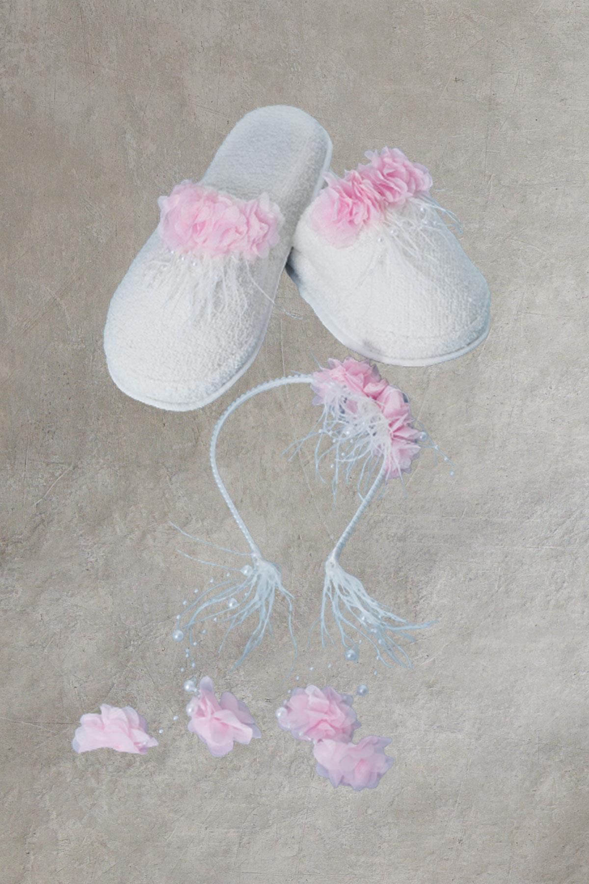 Mecit 0056 Pembe Çiçekli Lohusa Taç Terlik Seti