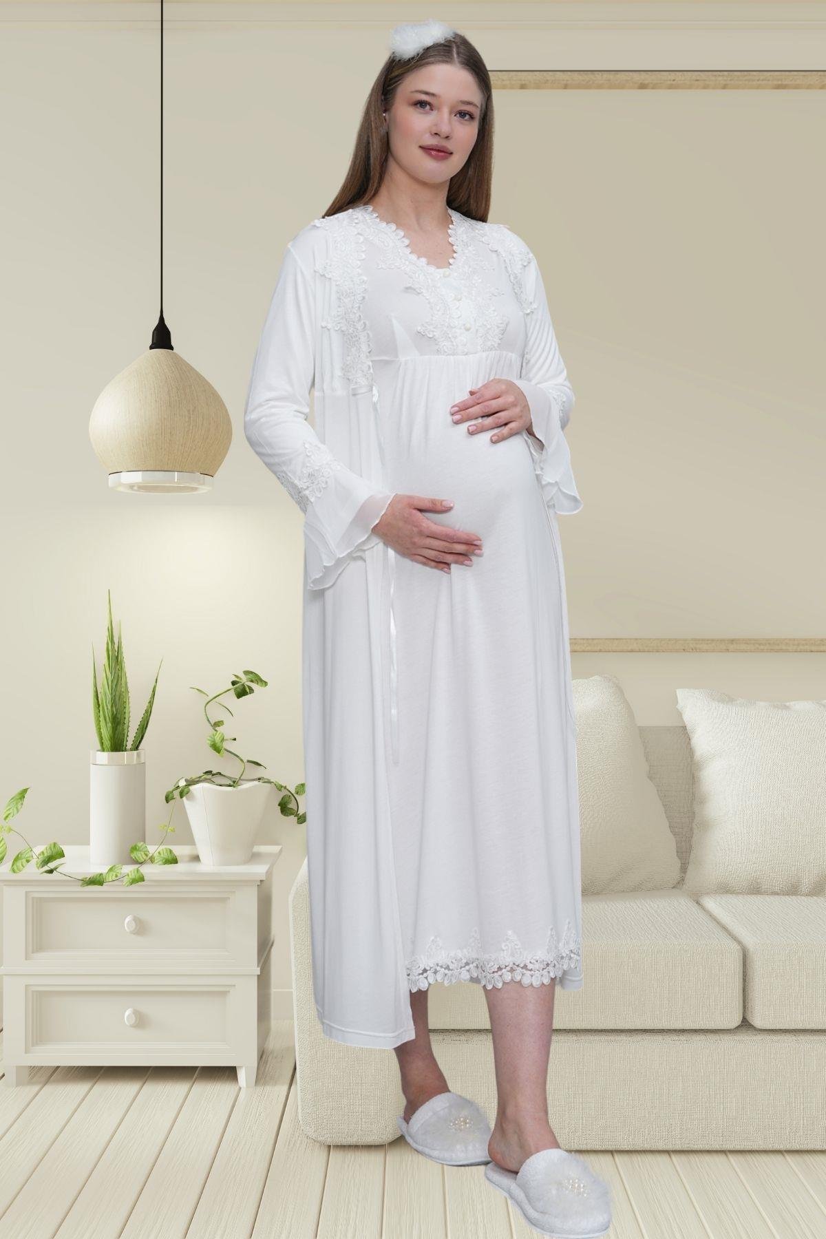 Mecit PijamaMecit 1518 Ekru Sabahlıklı Lohusa Gecelik Takım