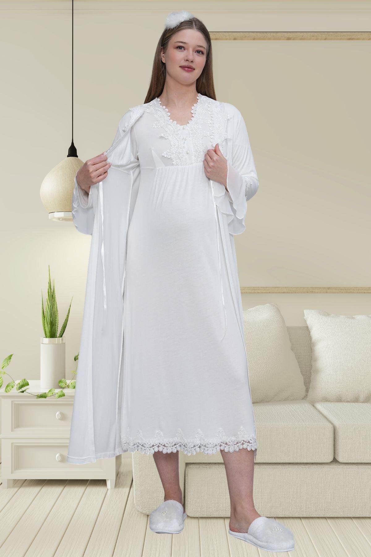 Mecit PijamaMecit 1519 Ekru Lohusa Sabahlık Gecelik Pijama Set