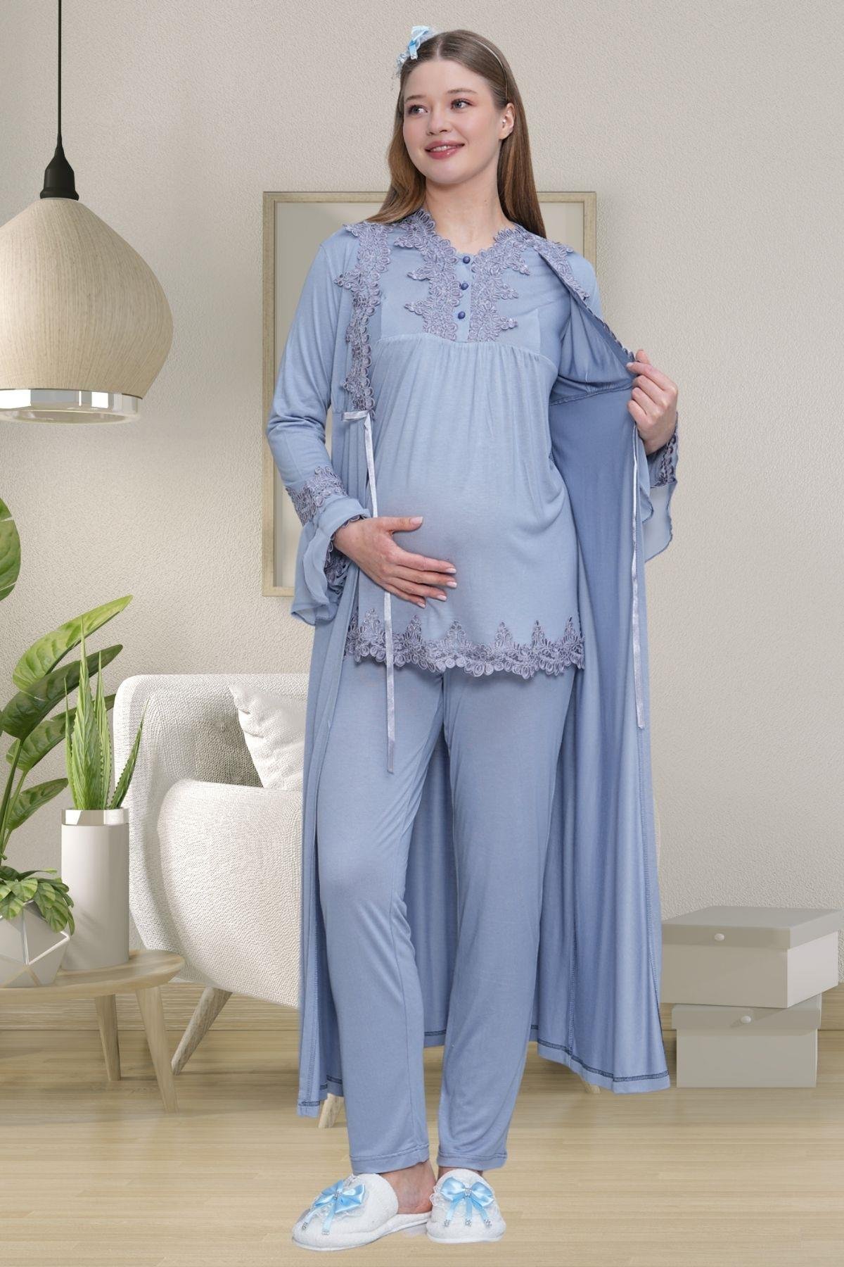 Mecit PijamaMecit 1519 Mavi Lohusa Sabahlık Gecelik Pijama Set