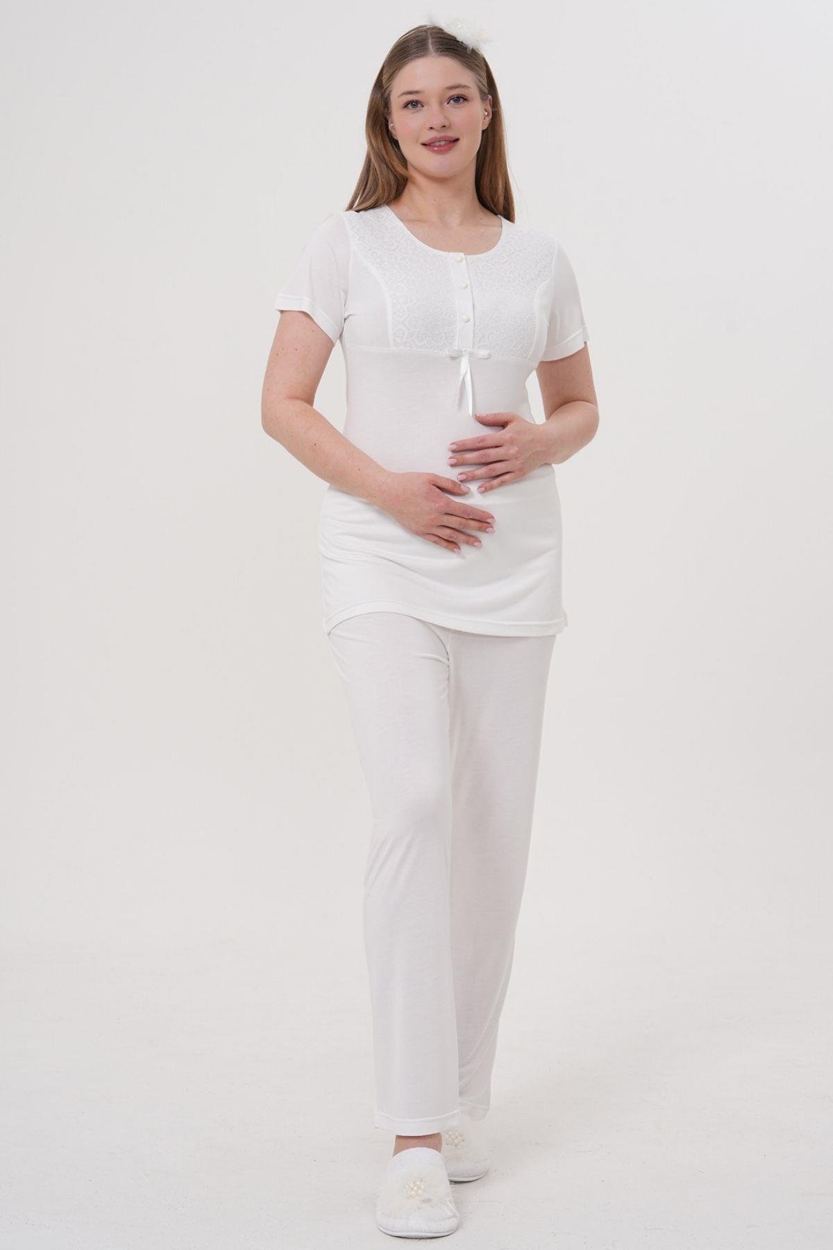 Mecit PijamaMecit 1541 Ekru Uzun Sabahlıklı Lohusa Pijama Takımı