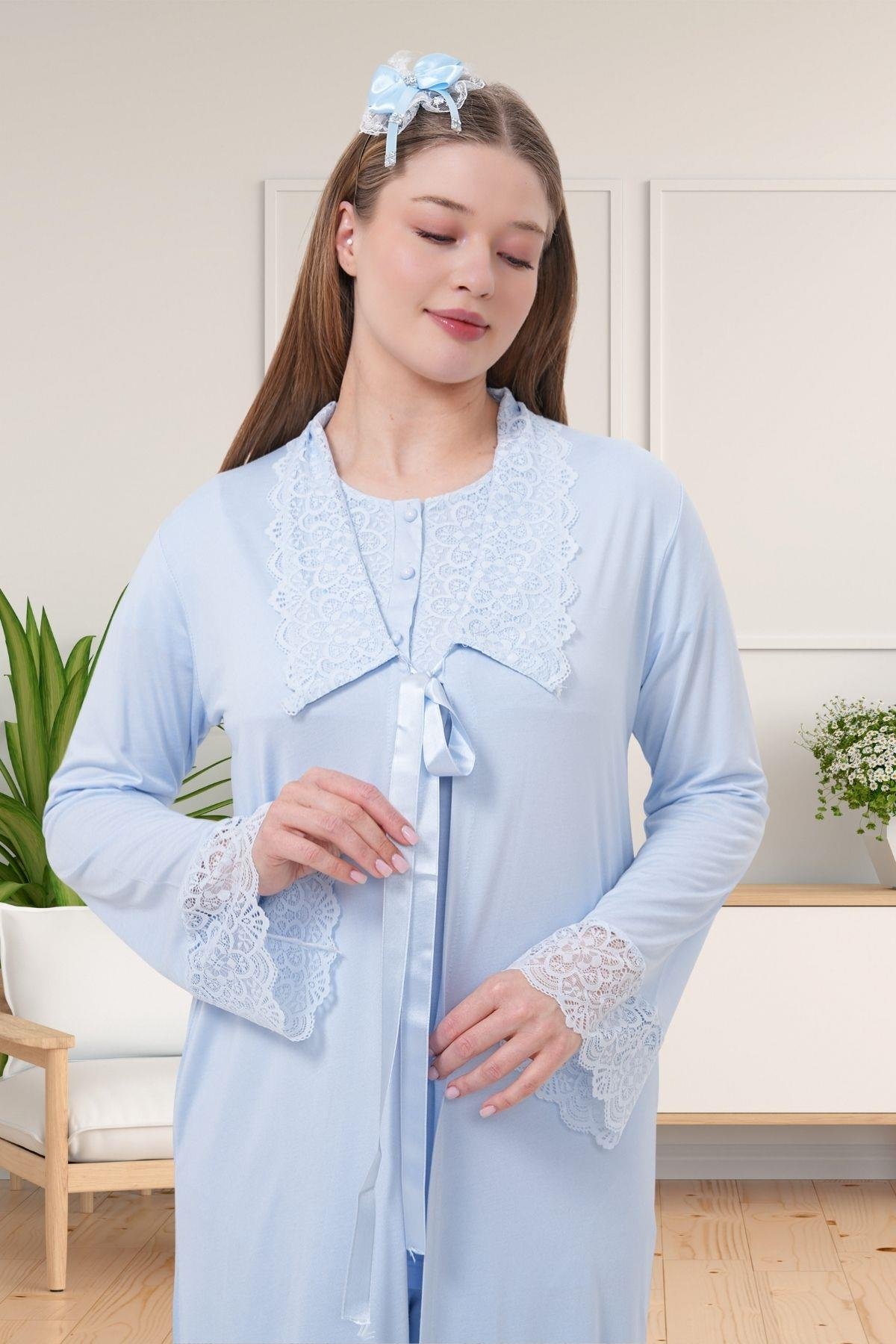 Mecit PijamaMecit 1541 Mavi Uzun Sabahlıklı Lohusa Pijama Takımı