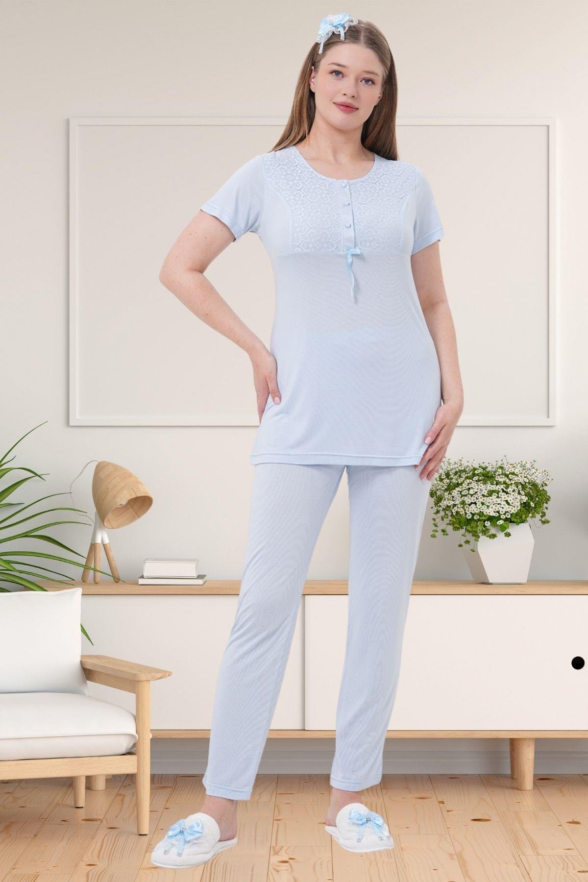 Mecit PijamaMecit 1541 Mavi Uzun Sabahlıklı Lohusa Pijama Takımı