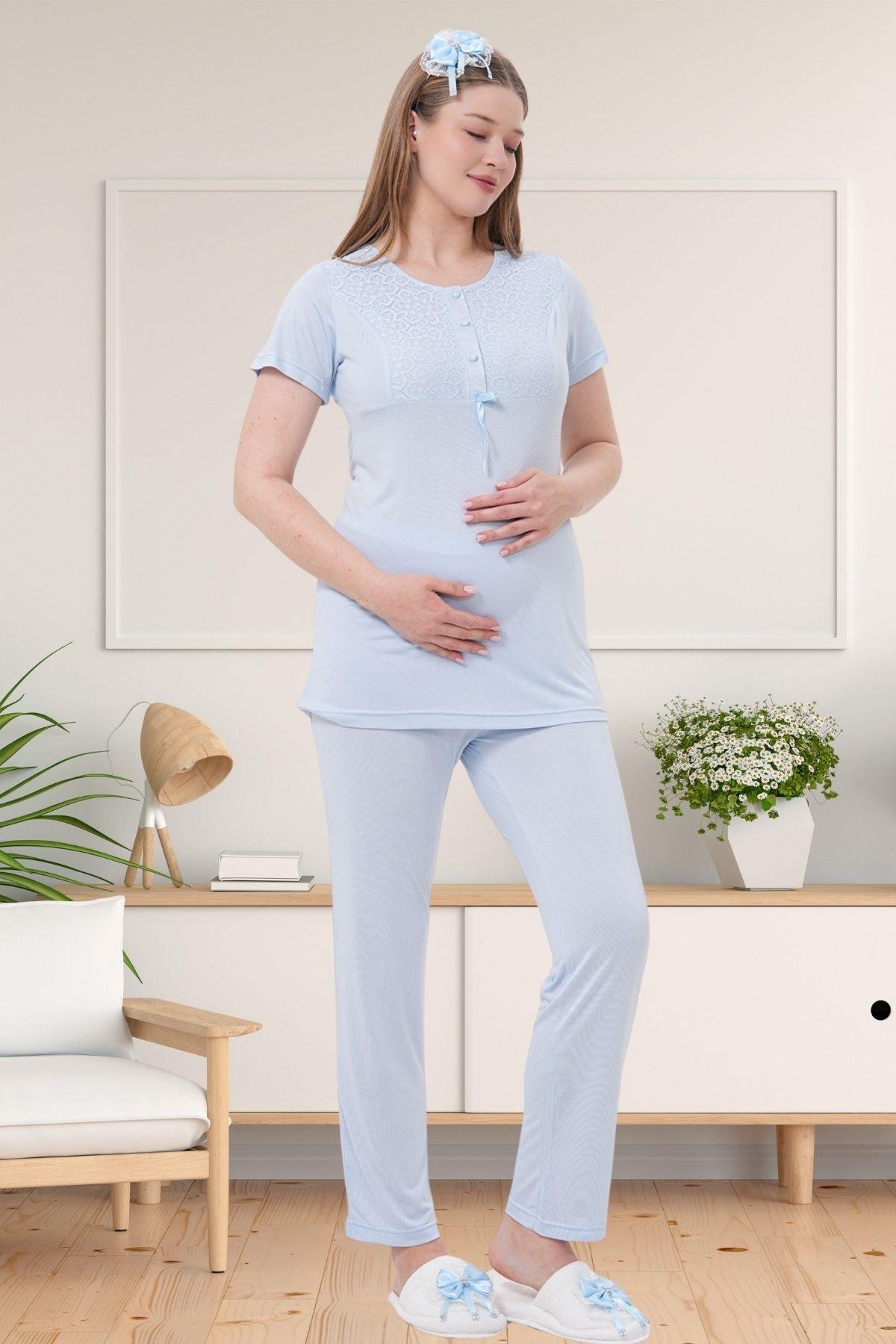 Mecit PijamaMecit 1541 Mavi Uzun Sabahlıklı Lohusa Pijama Takımı