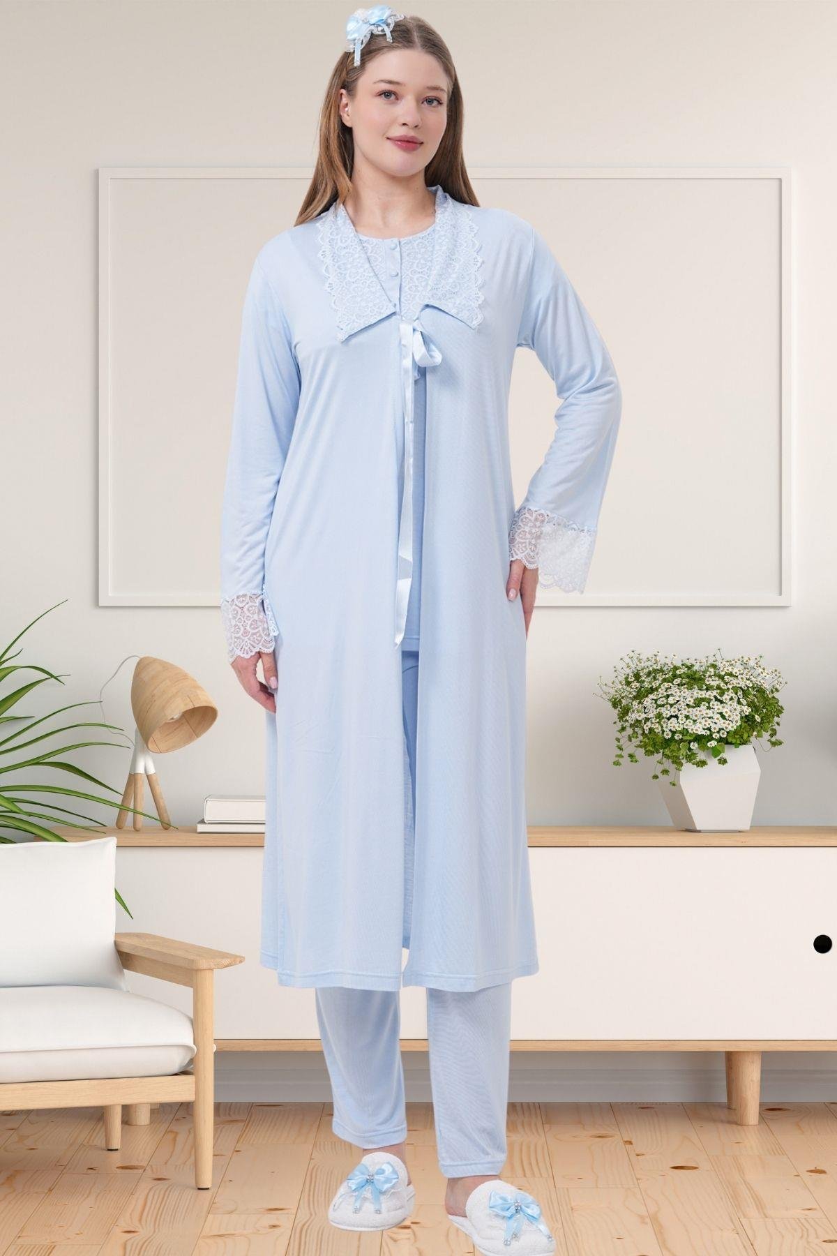 Mecit PijamaMecit 1541 Mavi Uzun Sabahlıklı Lohusa Pijama Takımı