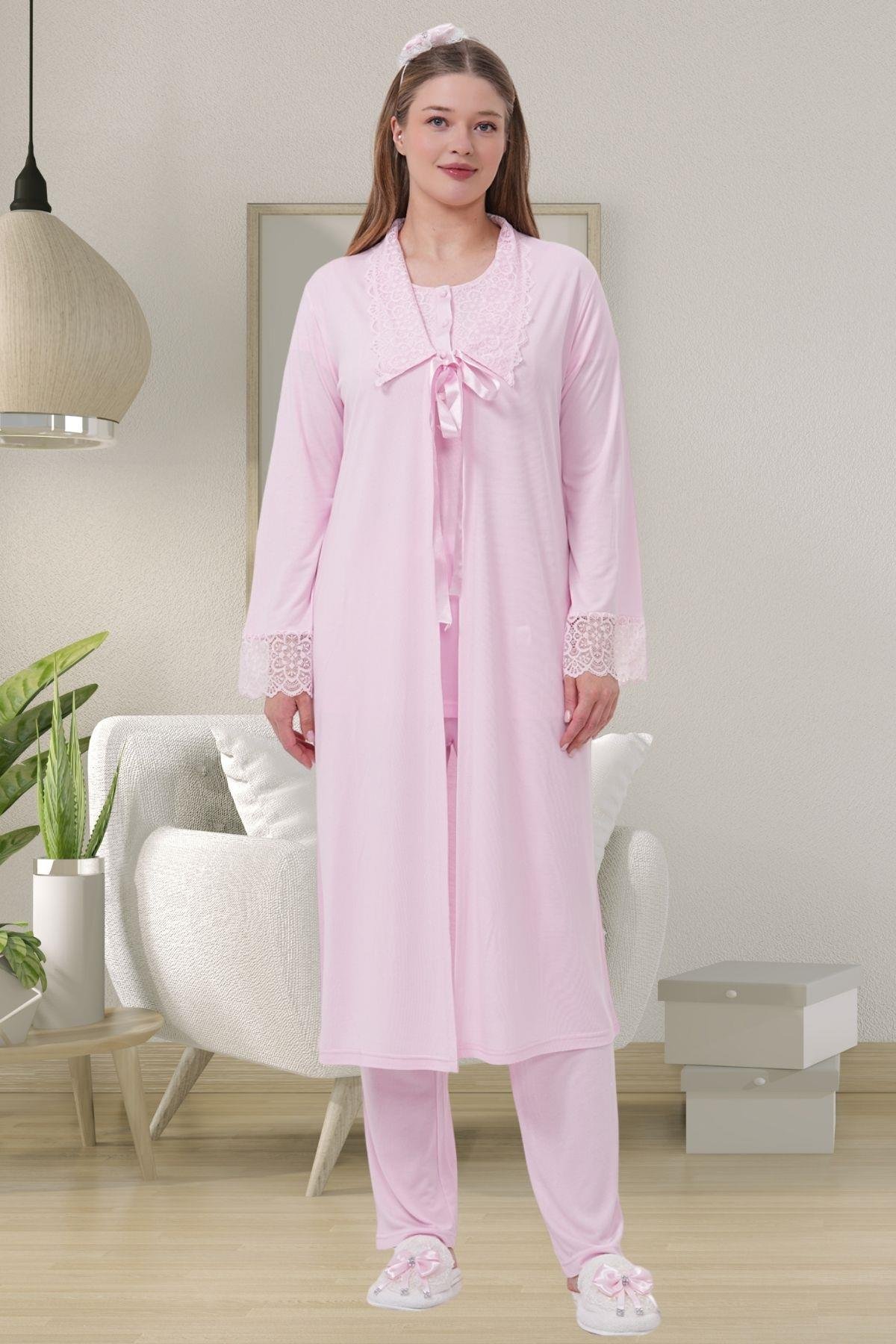 Mecit PijamaMecit 1541 Pembe Uzun Sabahlıklı Lohusa Pijama Takımı
