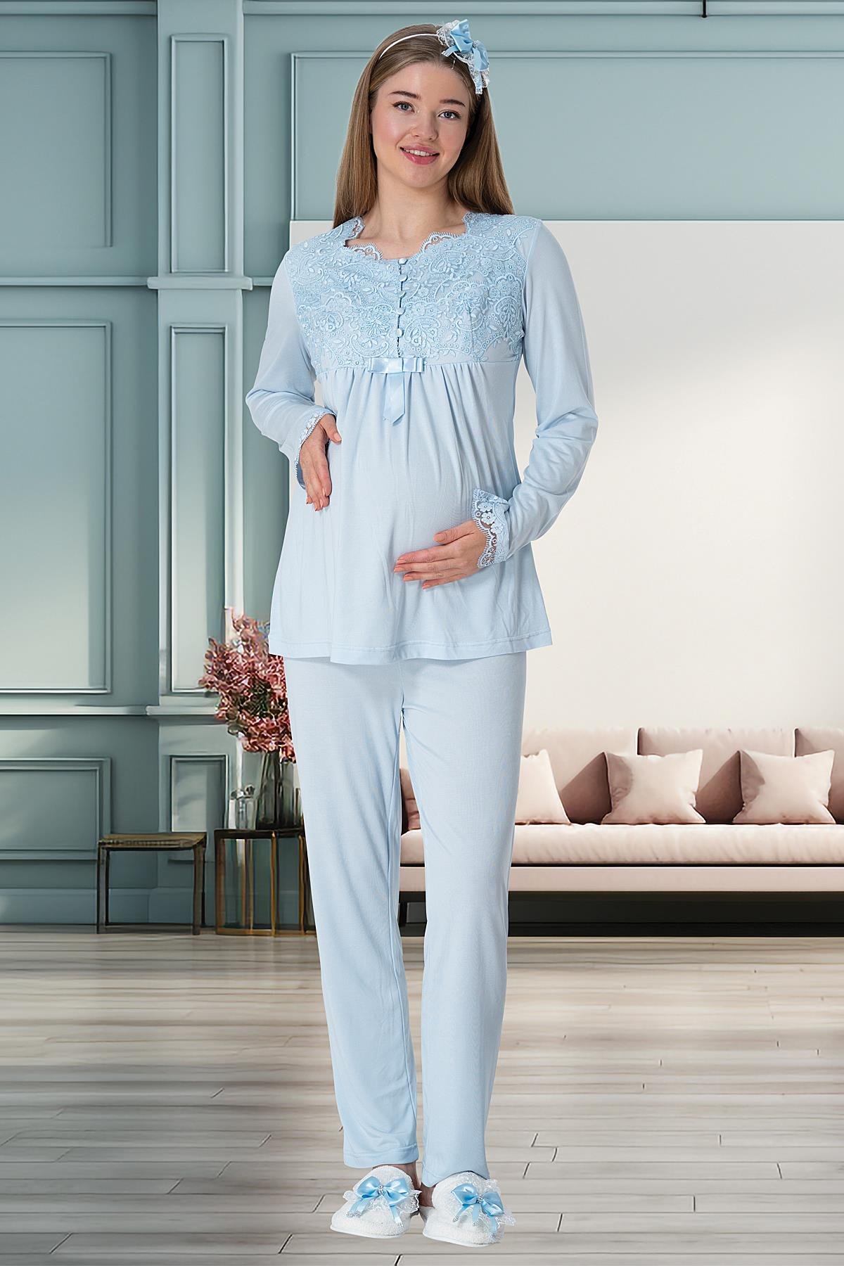 Mecit PijamaMecit 1924 Mavi Dört Parça Hamile Lohusa Set