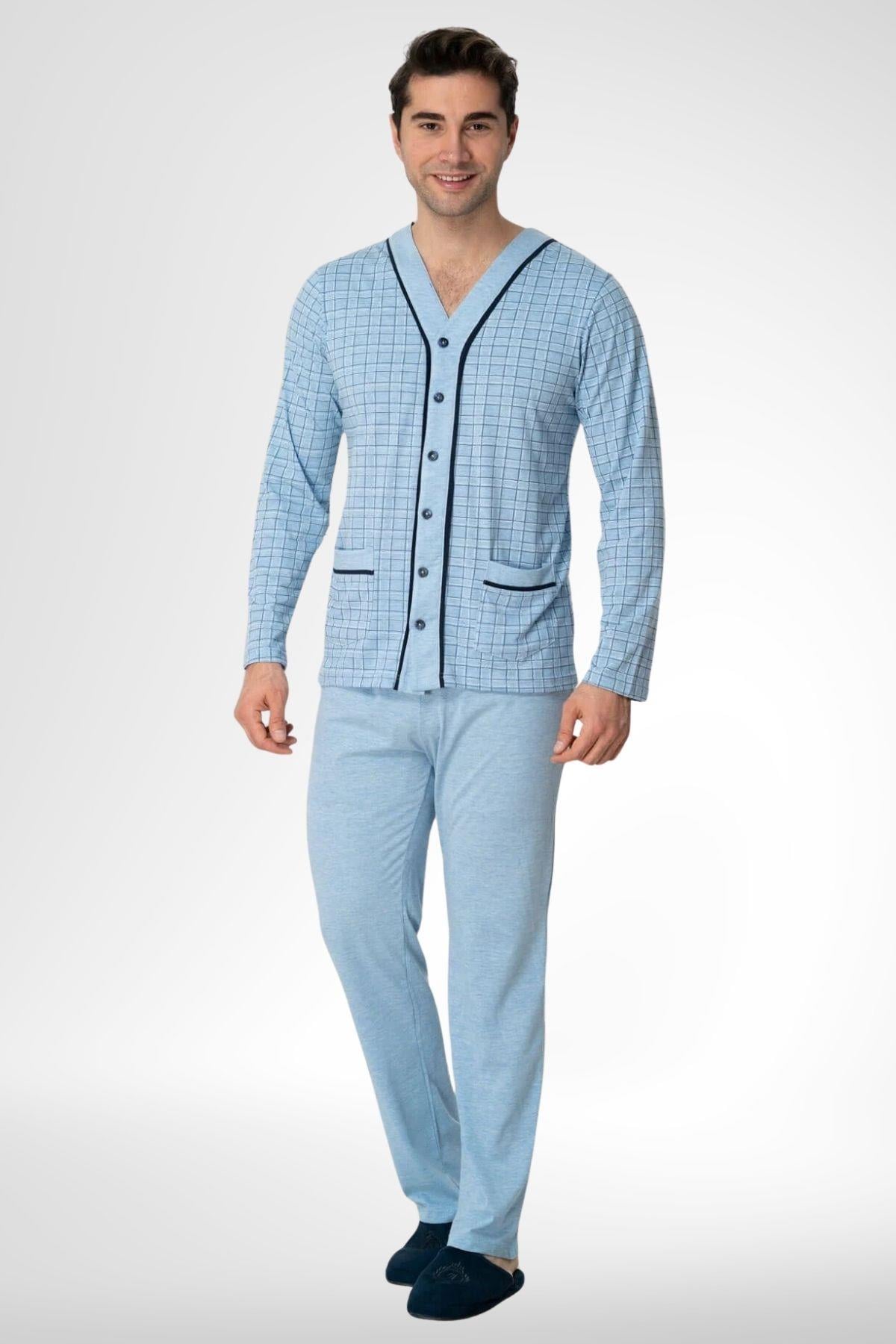 By Mecit PijamaMecit 22767 Mavi Önden Düğmeli Büyük Beden Erkek Pijama Takımı