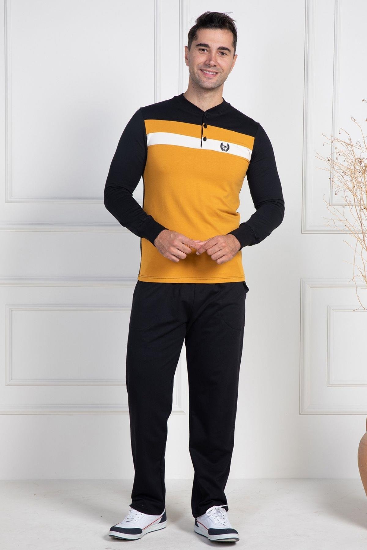 Mecit PijamaMecit 2763 Sarı %100 Pamuk Büyük Beden Erkek Pijama Takımı