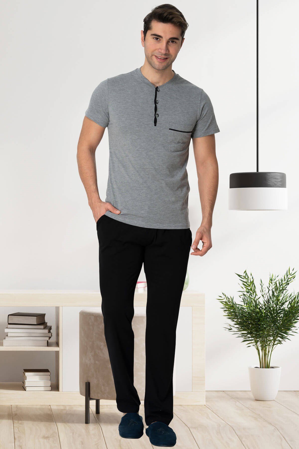 Mecit 2769 Gri Büyük Beden Şortlu Erkek Pijama Takımı