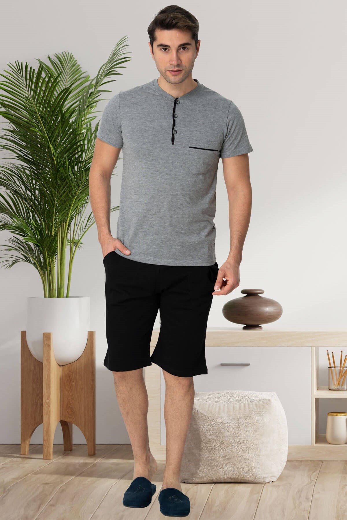 Mecit 2769 Gri Büyük Beden Şortlu Erkek Pijama Takımı