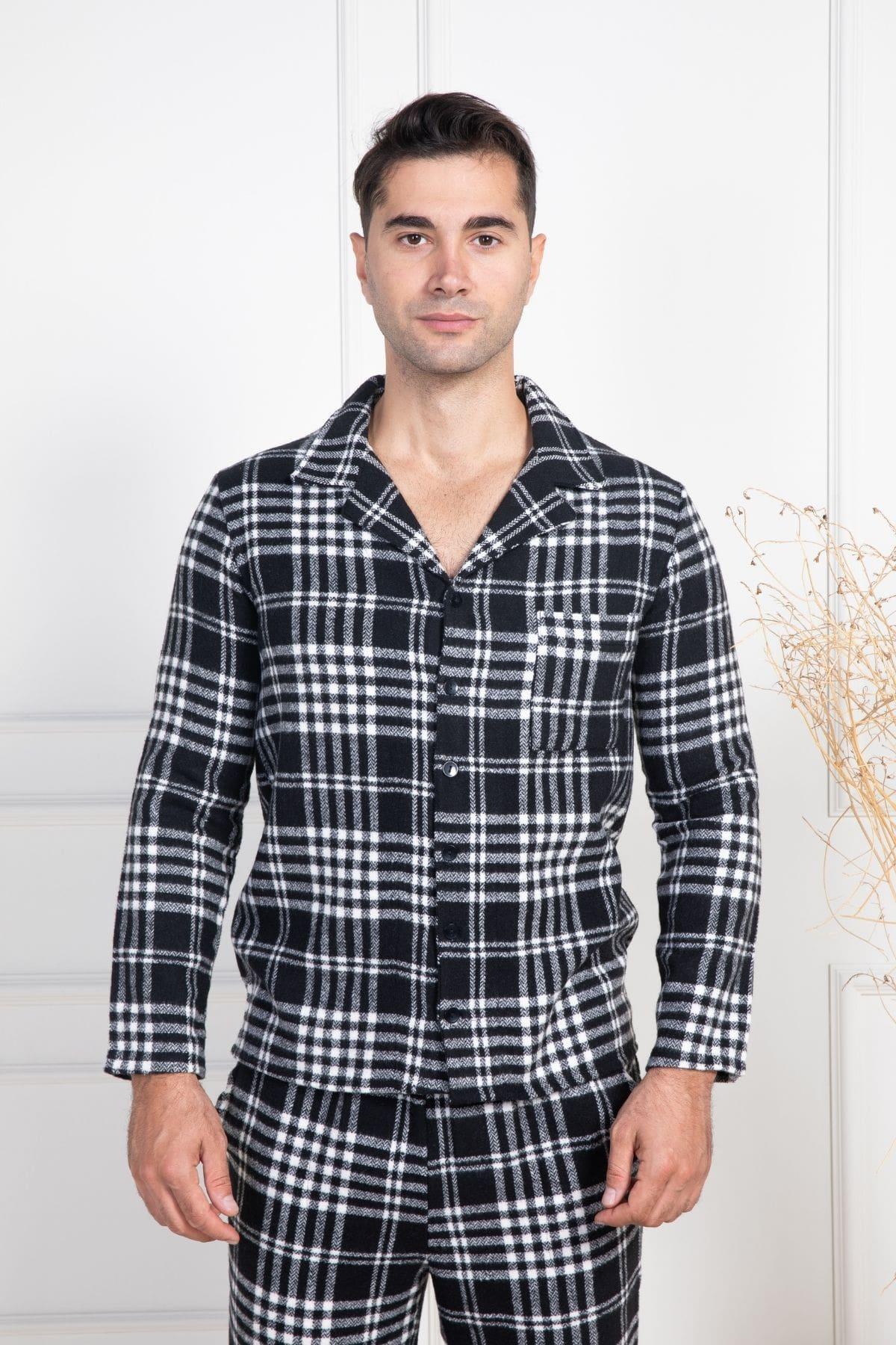 Mecit PijamaMecit 2950 Beyaz Ekoseli Büyük Beden Kışlık Erkek Pijama Takımı