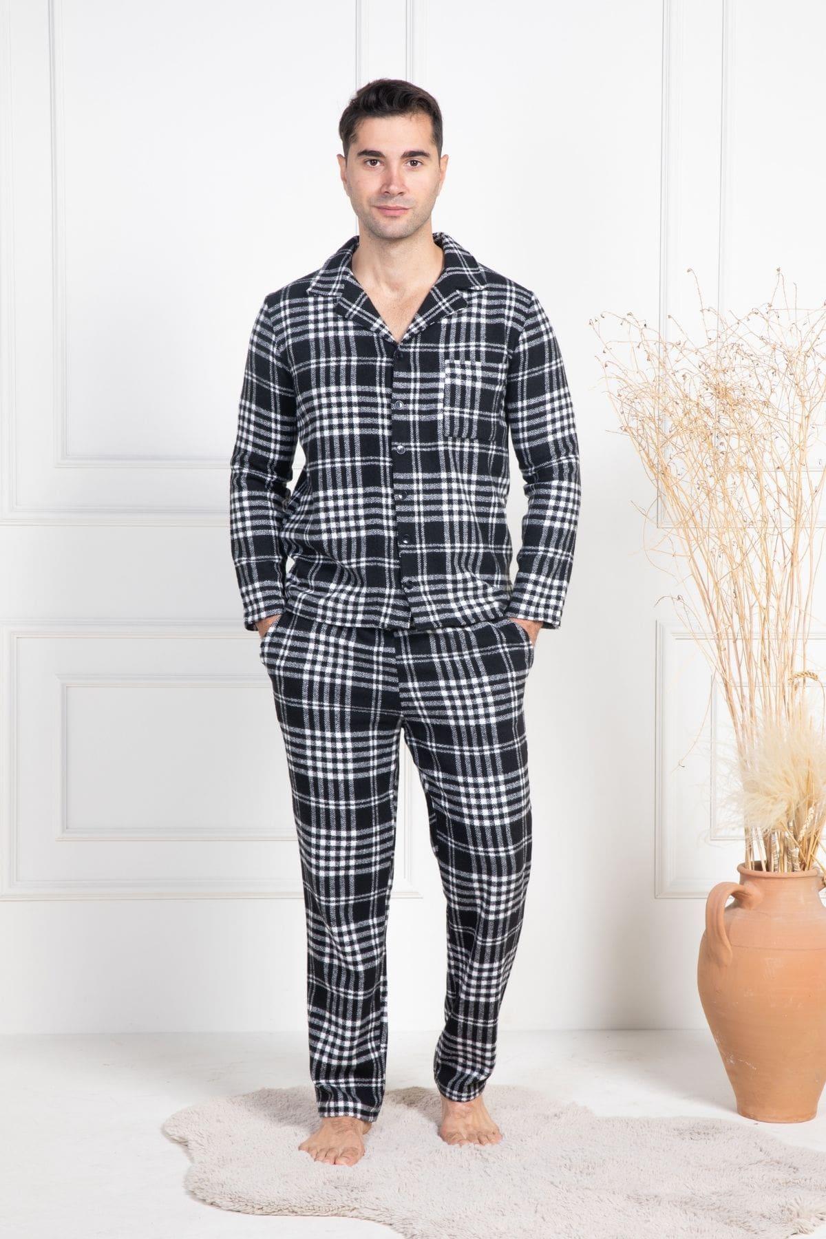 Mecit PijamaMecit 2950 Beyaz Ekoseli Büyük Beden Kışlık Erkek Pijama Takımı