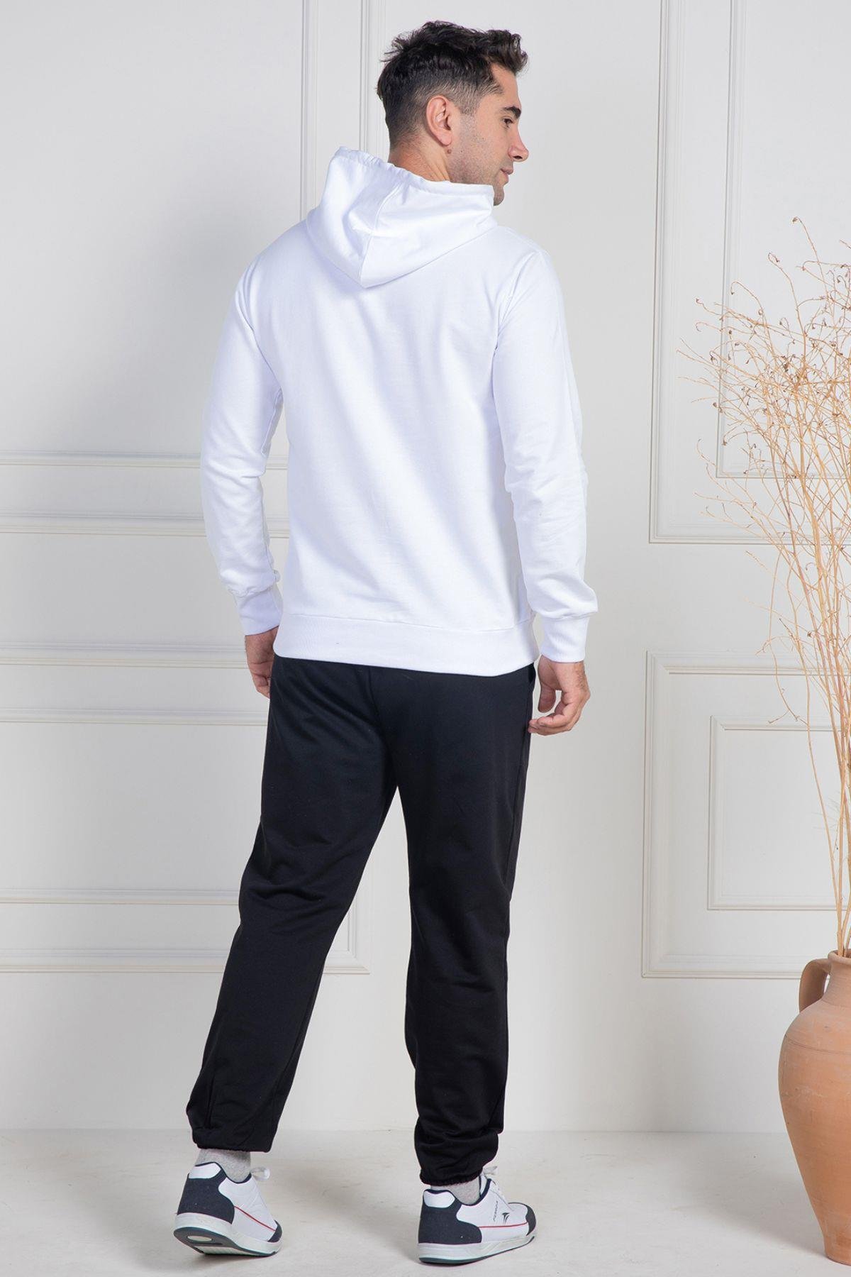 Mecit PijamaMecit 2975 Beyaz %100 Pamuk Kapüşonlu Spor Model Büyük Beden Erkek Pijama Takımı