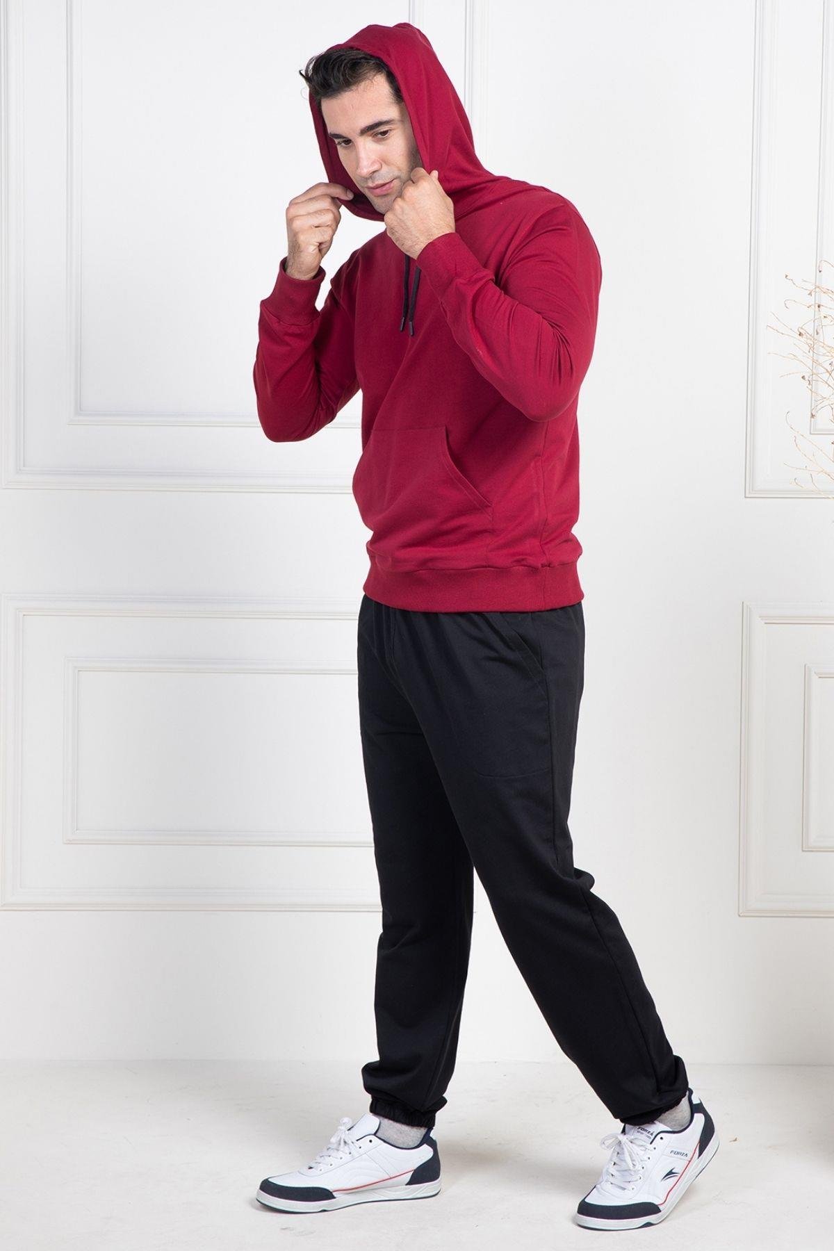 Mecit PijamaMecit 2975 Bordo %100 Pamuk Kapüşonlu Spor Model Büyük Beden Erkek Pijama Takımı
