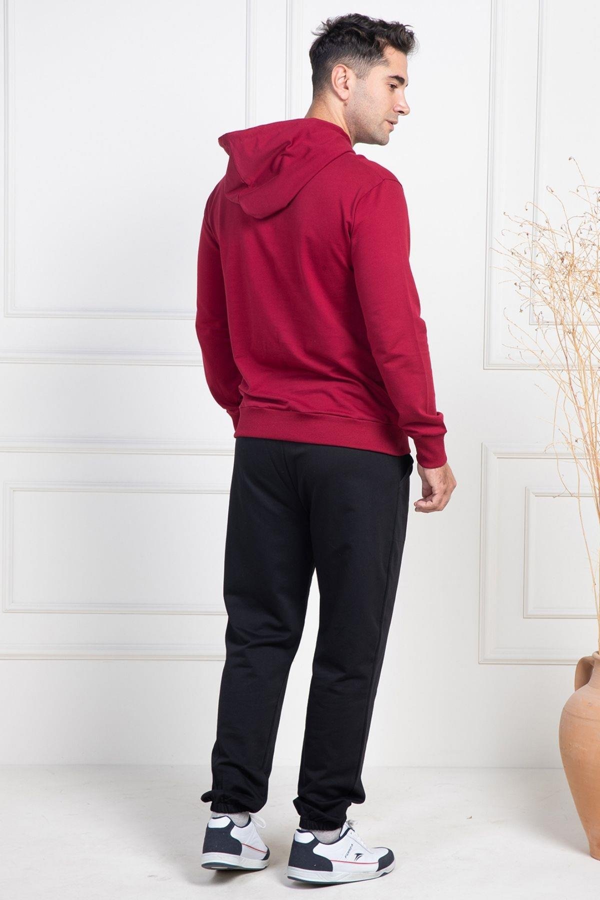 Mecit PijamaMecit 2975 Bordo %100 Pamuk Kapüşonlu Spor Model Büyük Beden Erkek Pijama Takımı