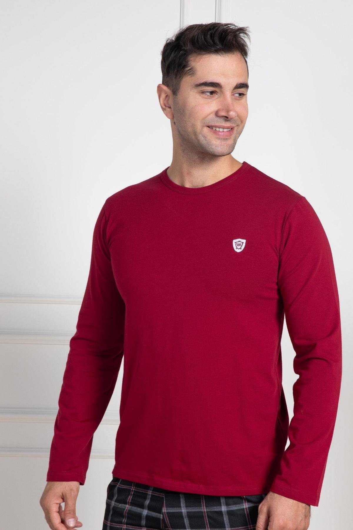 Mecit PijamaMecit 3022 Bordo Bisiklet Yaka Uzun Kollu Likralı Pamuk Erkek Tişört