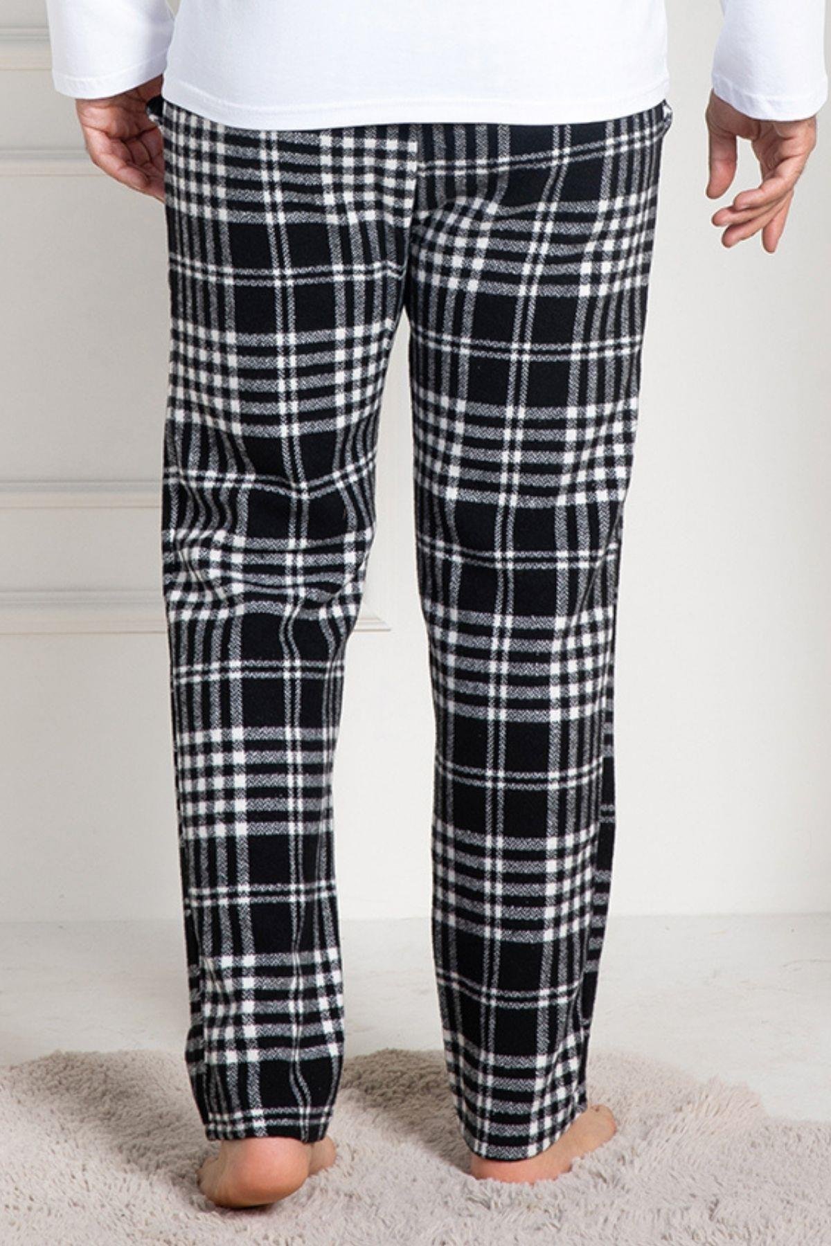 Mecit PijamaMecit 3026 Beyaz Ekoseli Erkek Kalın Tek Alt Pijama