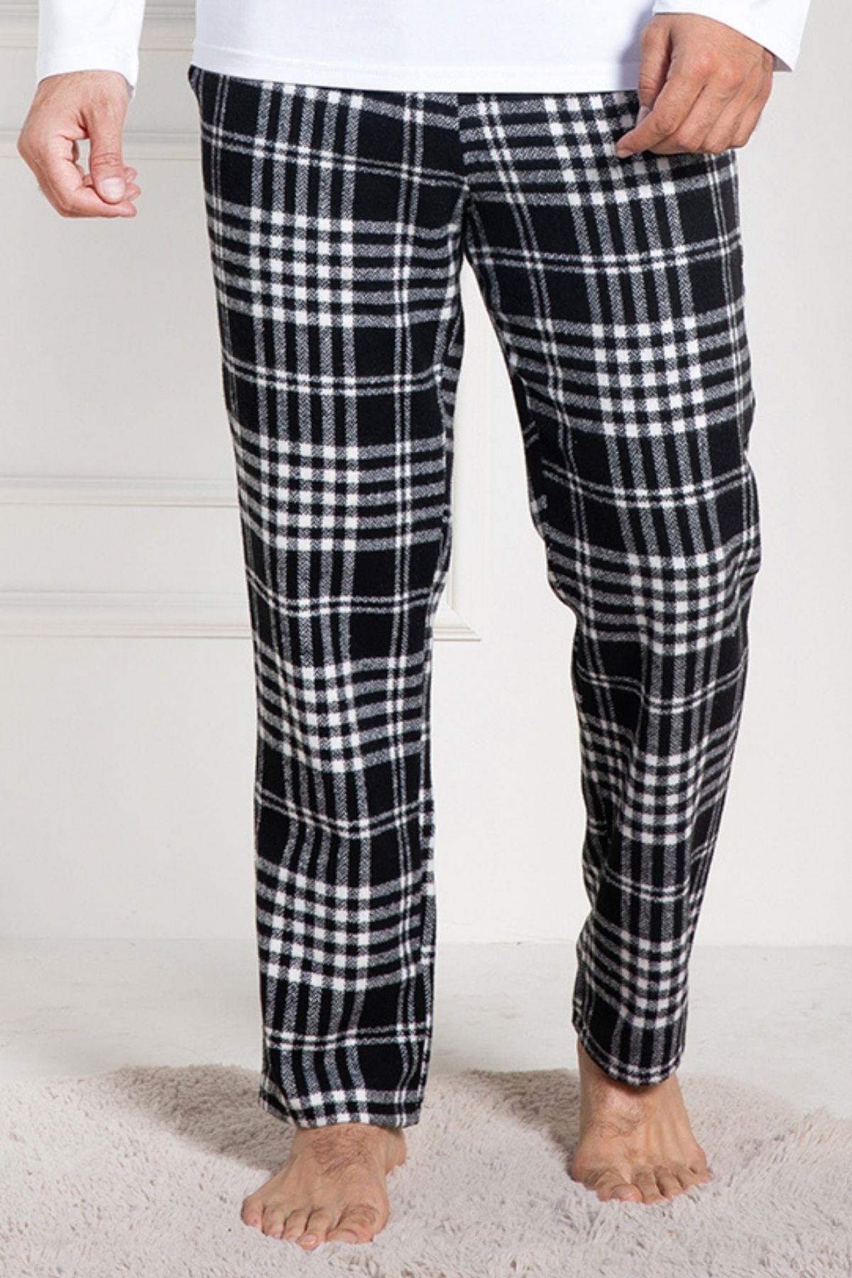 Mecit PijamaMecit 3026 Beyaz Ekoseli Erkek Kalın Tek Alt Pijama