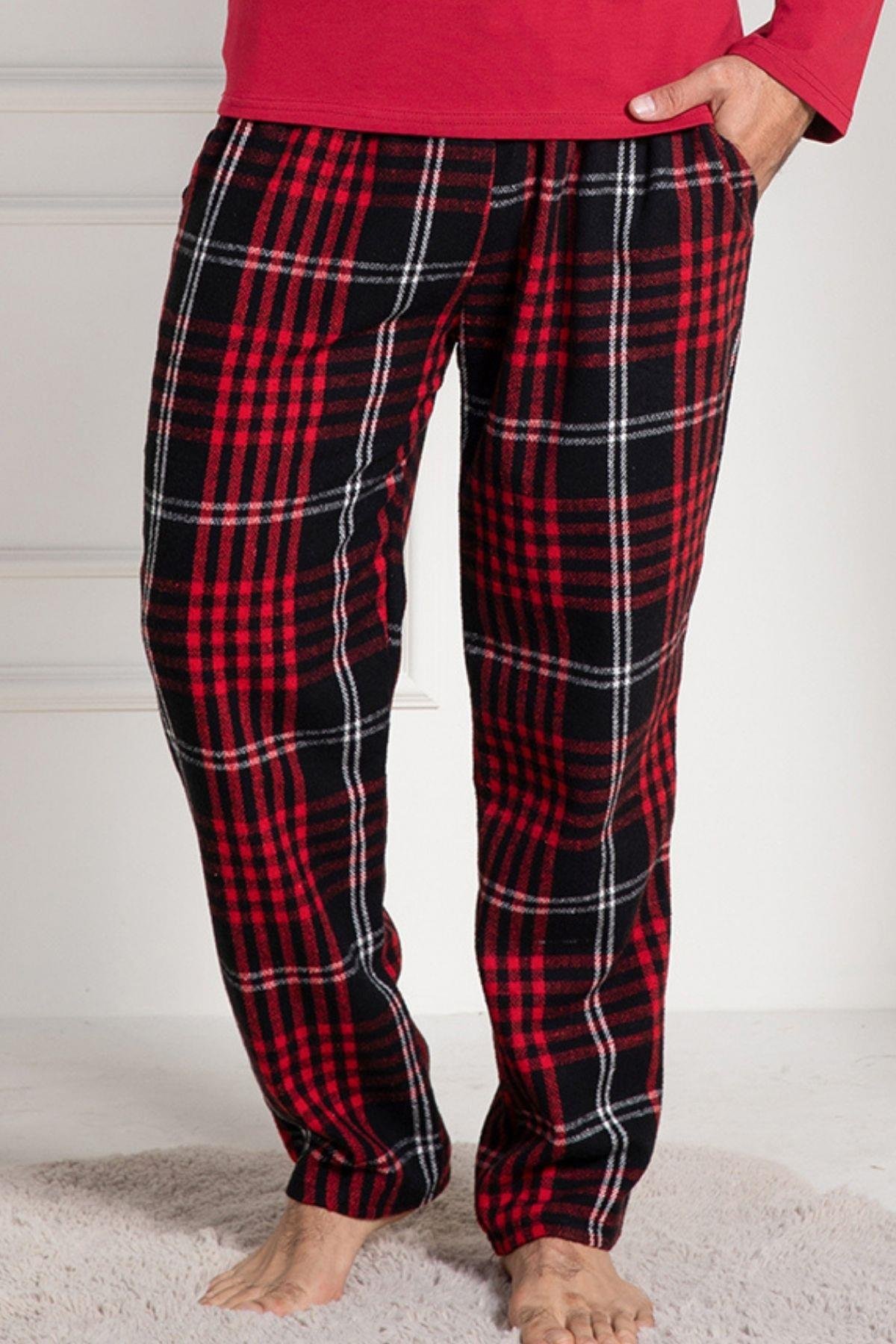 Mecit PijamaMecit 3027 Kırmızı Ekoseli Erkek Kalın Tek Alt Pijama