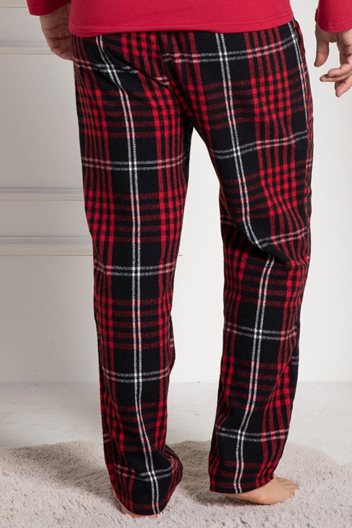 Mecit PijamaMecit 3027 Kırmızı Ekoseli Erkek Kalın Tek Alt Pijama