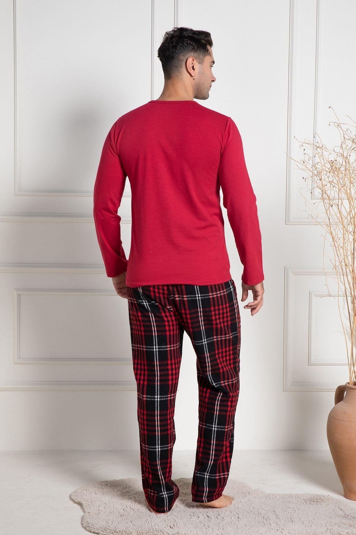 Mecit PijamaMecit 3081 Kırmızı Ekoseli Büyük Beden Kalın Erkek Pijama Takımı