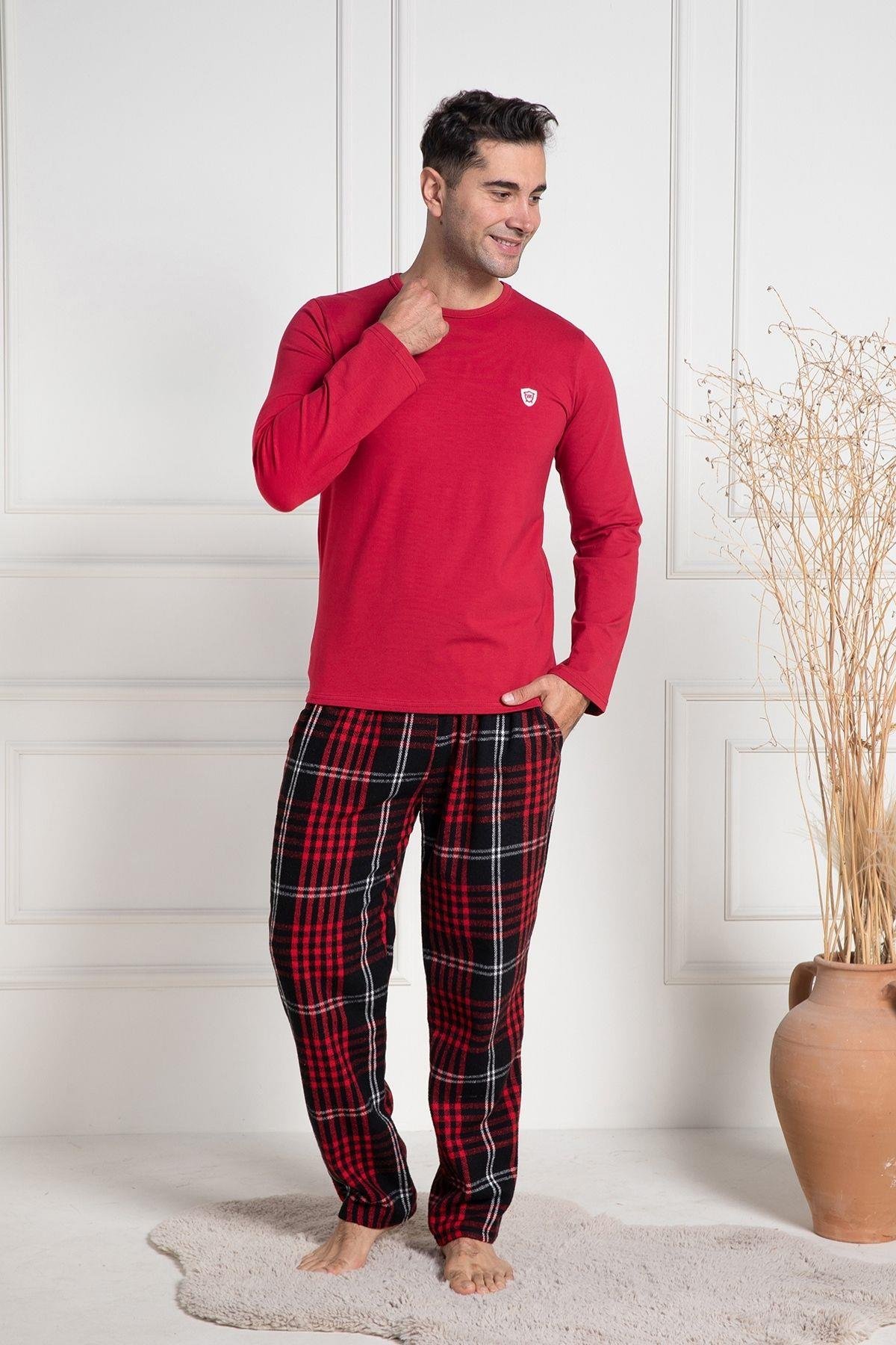 Mecit PijamaMecit 3081 Kırmızı Ekoseli Büyük Beden Kalın Erkek Pijama Takımı