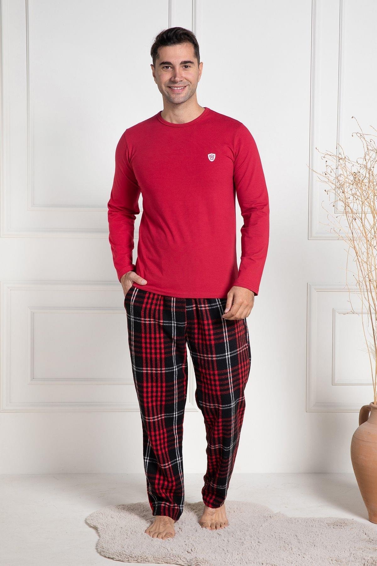 Mecit PijamaMecit 3081 Kırmızı Ekoseli Büyük Beden Kalın Erkek Pijama Takımı