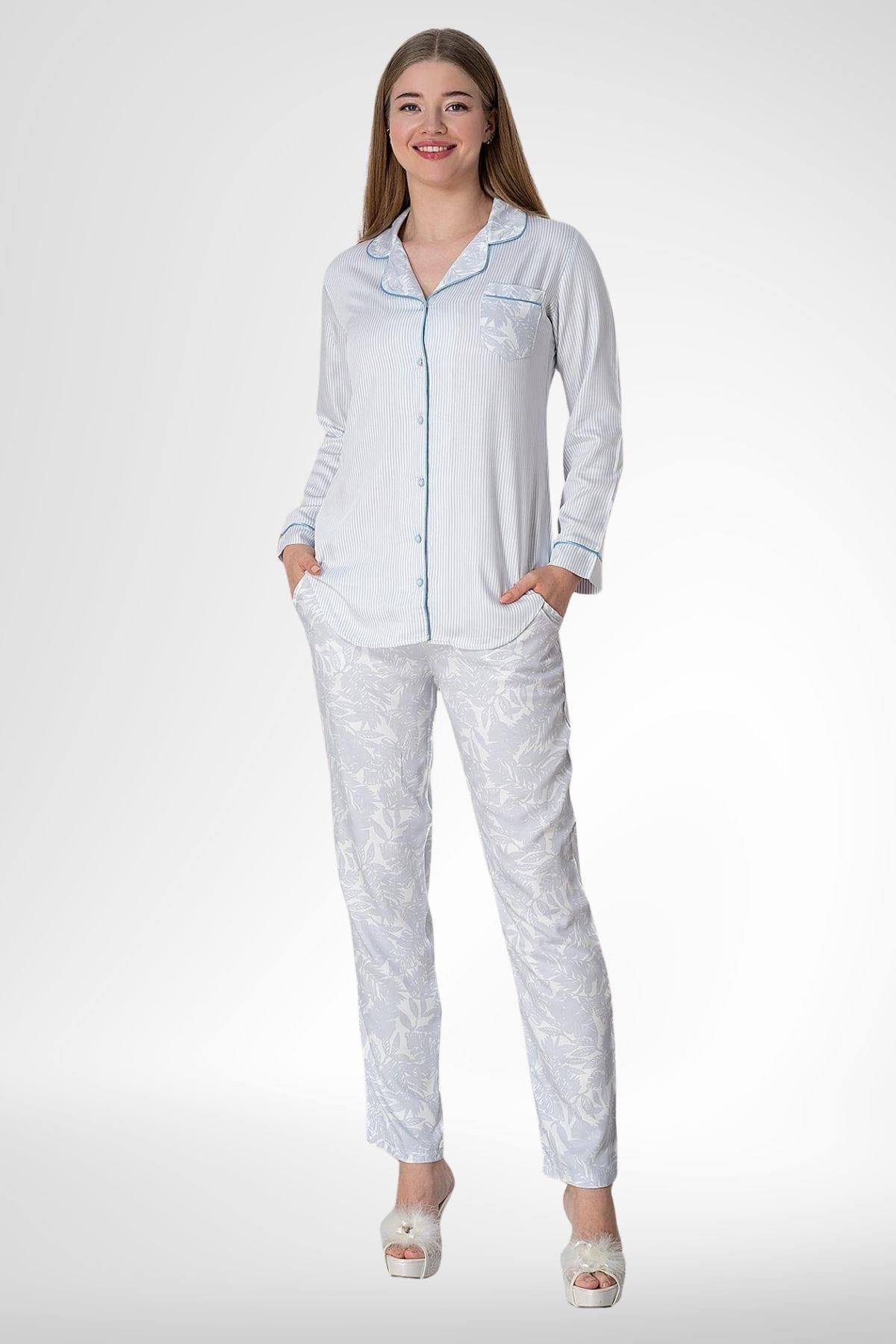 MECİT PİJAMAMecit 5143 Mavi Boydan Düğmeli Kadın Pijama Takımı