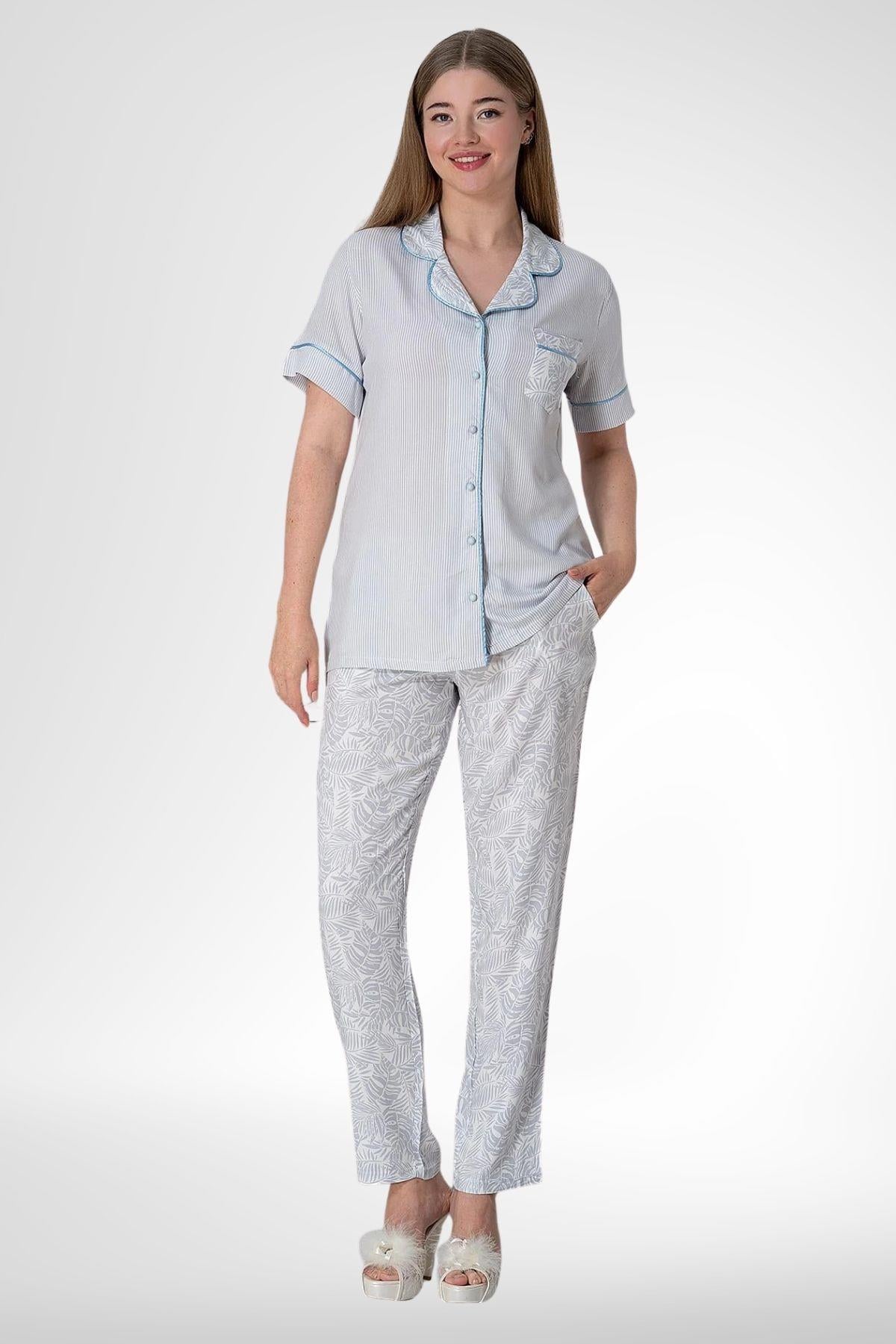 MECİT PİJAMAMecit 5144 Mavi Boydan Düğmeli Kadın Pijama Takımı