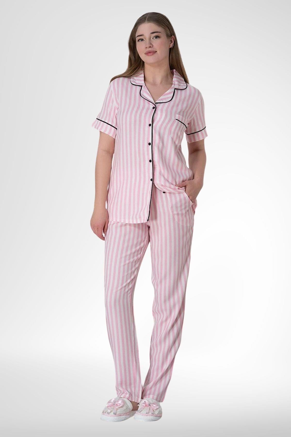 MECİT PİJAMAMecit 5150 Pembe Çizgili Boydan Düğmeli Kadın Pijama Takımı