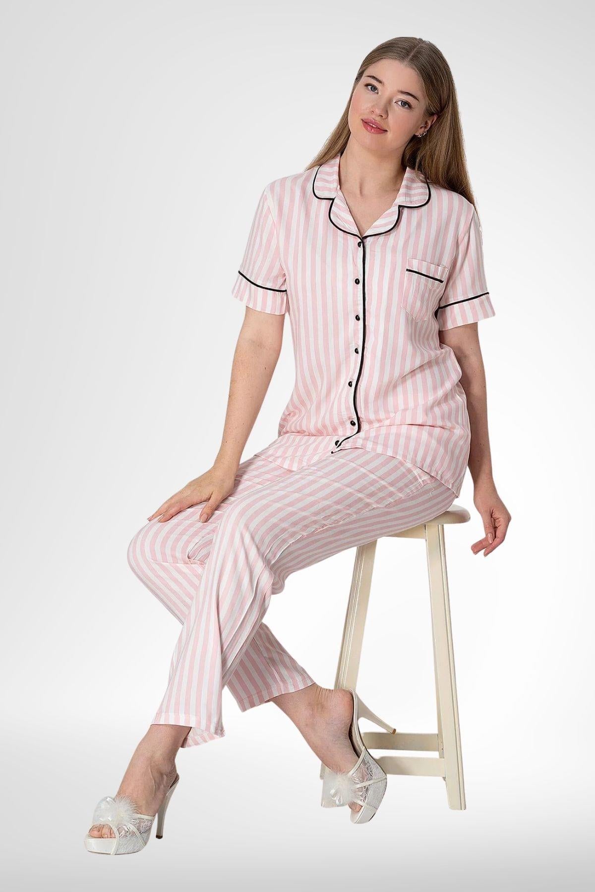 MECİT PİJAMAMecit 5150 Pembe Çizgili Boydan Düğmeli Kadın Pijama Takımı