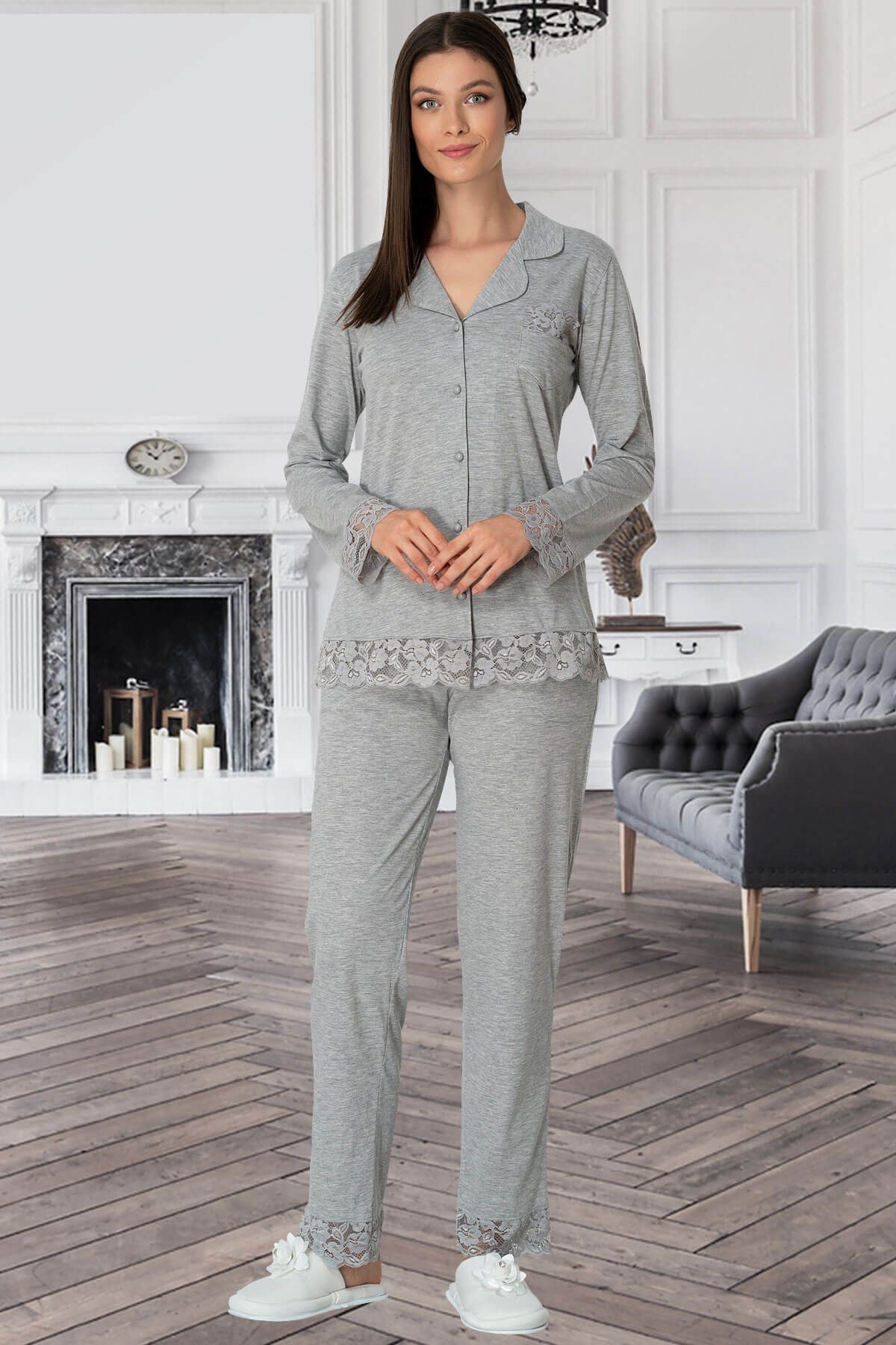 Mecit 5352 Önden Düğmeli Gri Kadın Pijama Takımı