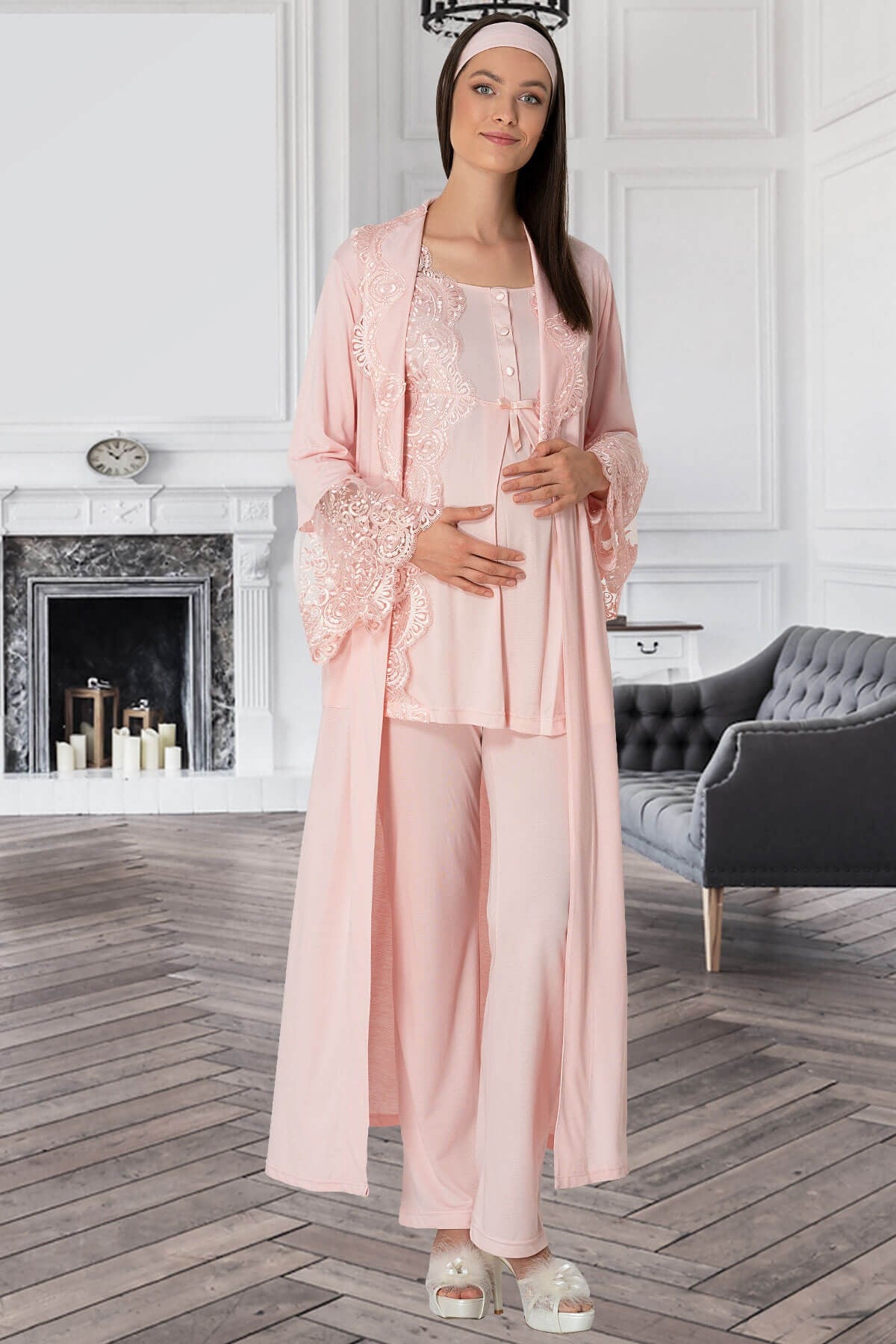 Mecit 5353 Dantelli Pudra Lohusa Sabahlıklı Pijama Takımı
