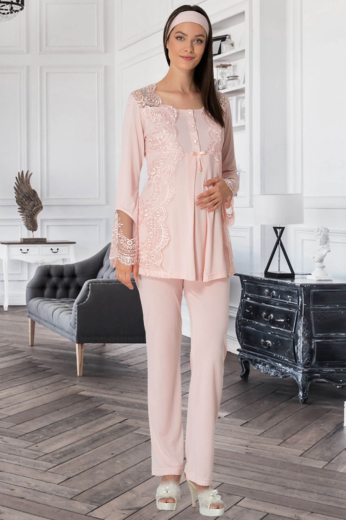 Mecit 5353 Dantelli Pudra Lohusa Sabahlıklı Pijama Takımı