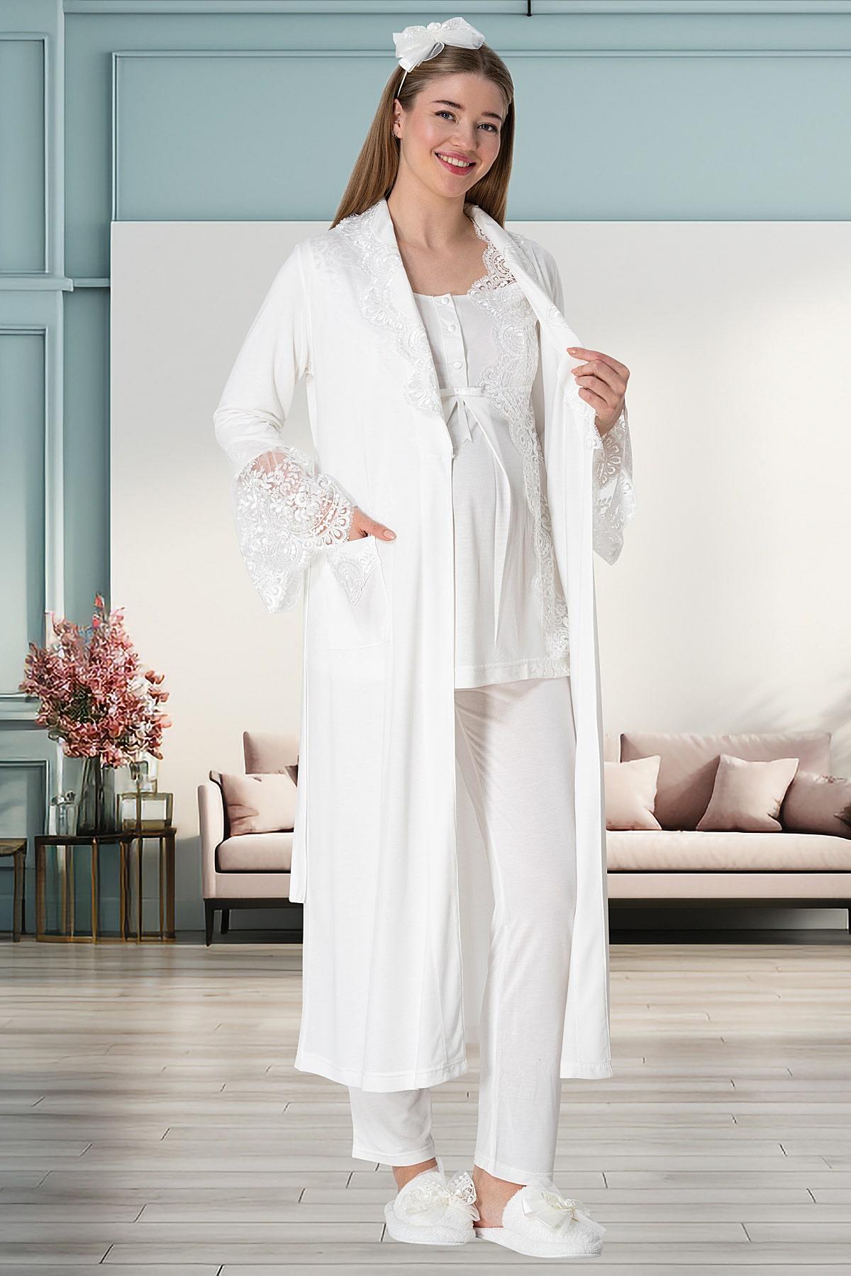 By Mecit PijamaMecit 5355 Ekru Lohusa Sabahlık Pijama Gecelik Takım