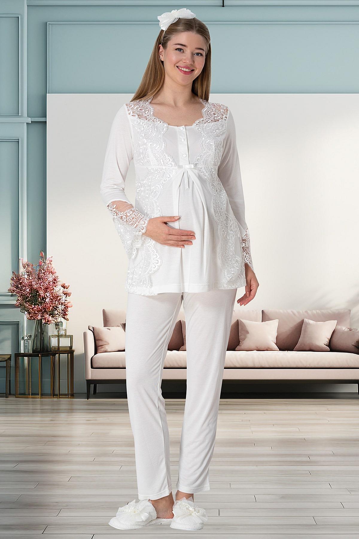 By Mecit PijamaMecit 5355 Ekru Lohusa Sabahlık Pijama Gecelik Takım
