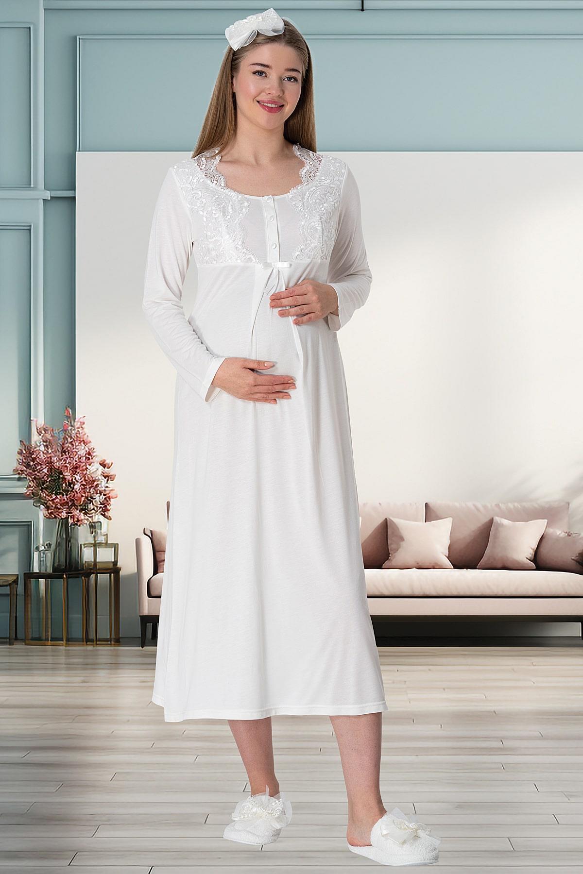 By Mecit PijamaMecit 5355 Ekru Lohusa Sabahlık Pijama Gecelik Takım