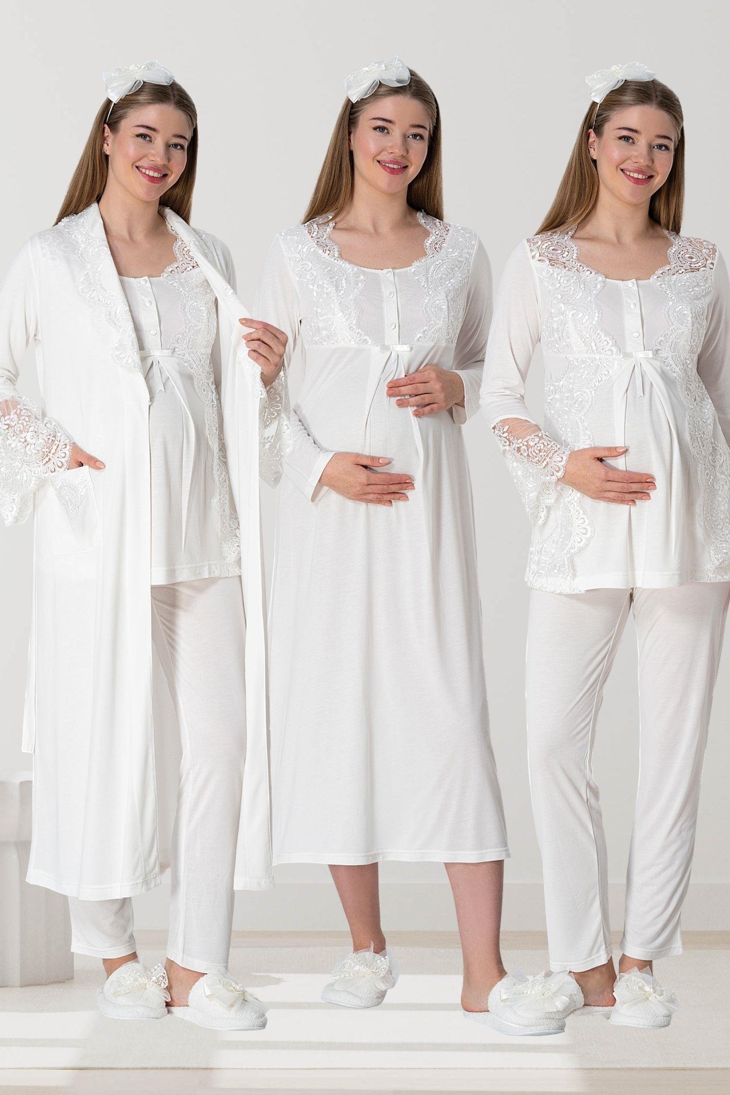 By Mecit PijamaMecit 5355 Ekru Lohusa Sabahlık Pijama Gecelik Takım