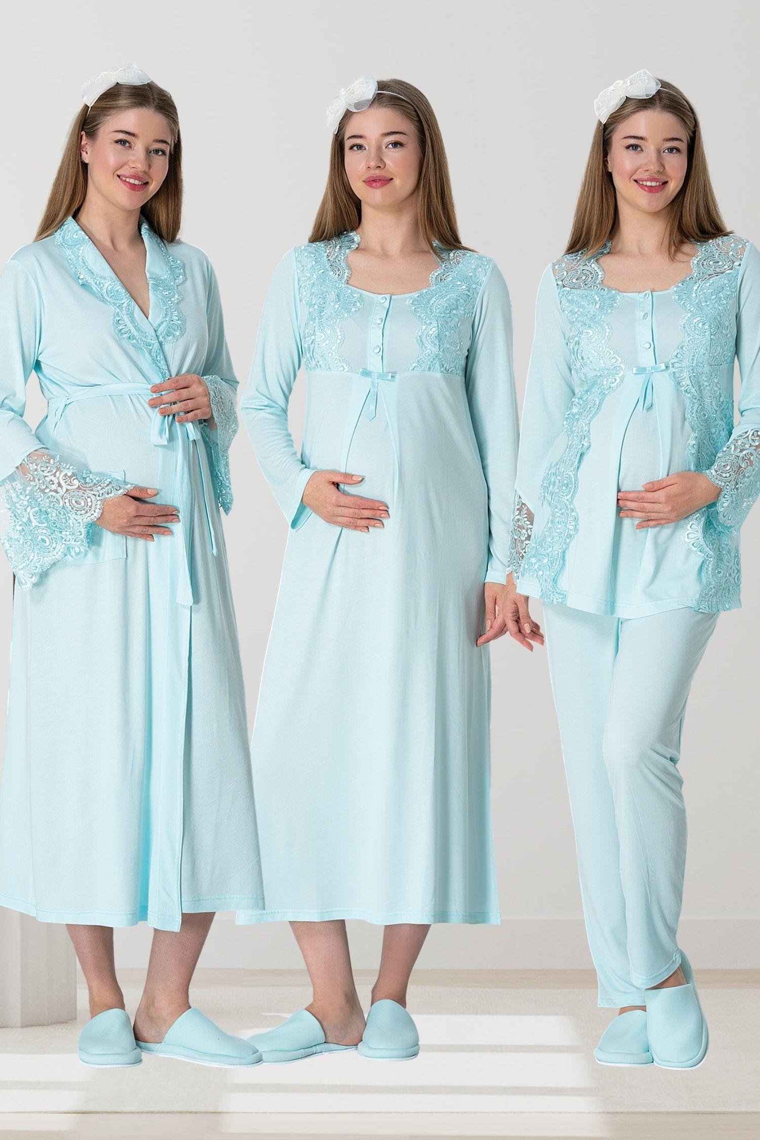 By Mecit PijamaMecit 5355 Turkuaz Lohusa Sabahlık Pijama Gecelik Takım