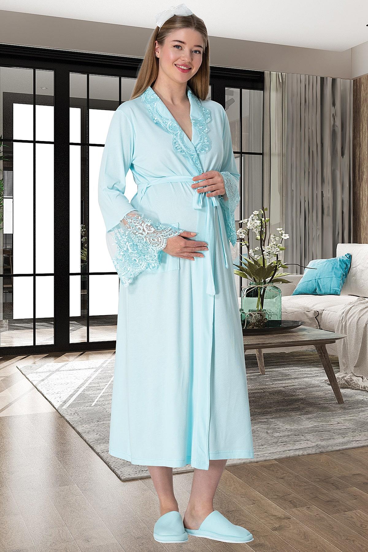 By Mecit PijamaMecit 5355 Turkuaz Lohusa Sabahlık Pijama Gecelik Takım