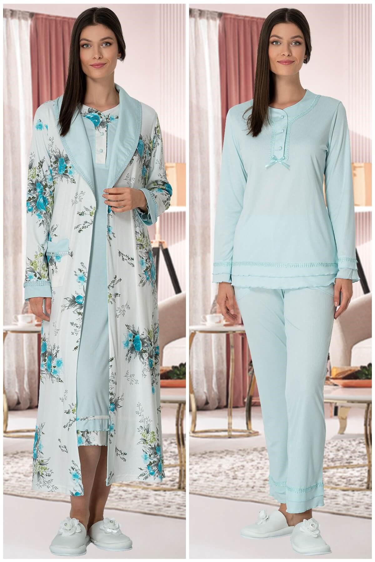 Mecit 5356 Turkuaz Sabahlık Gecelik Pijama Set