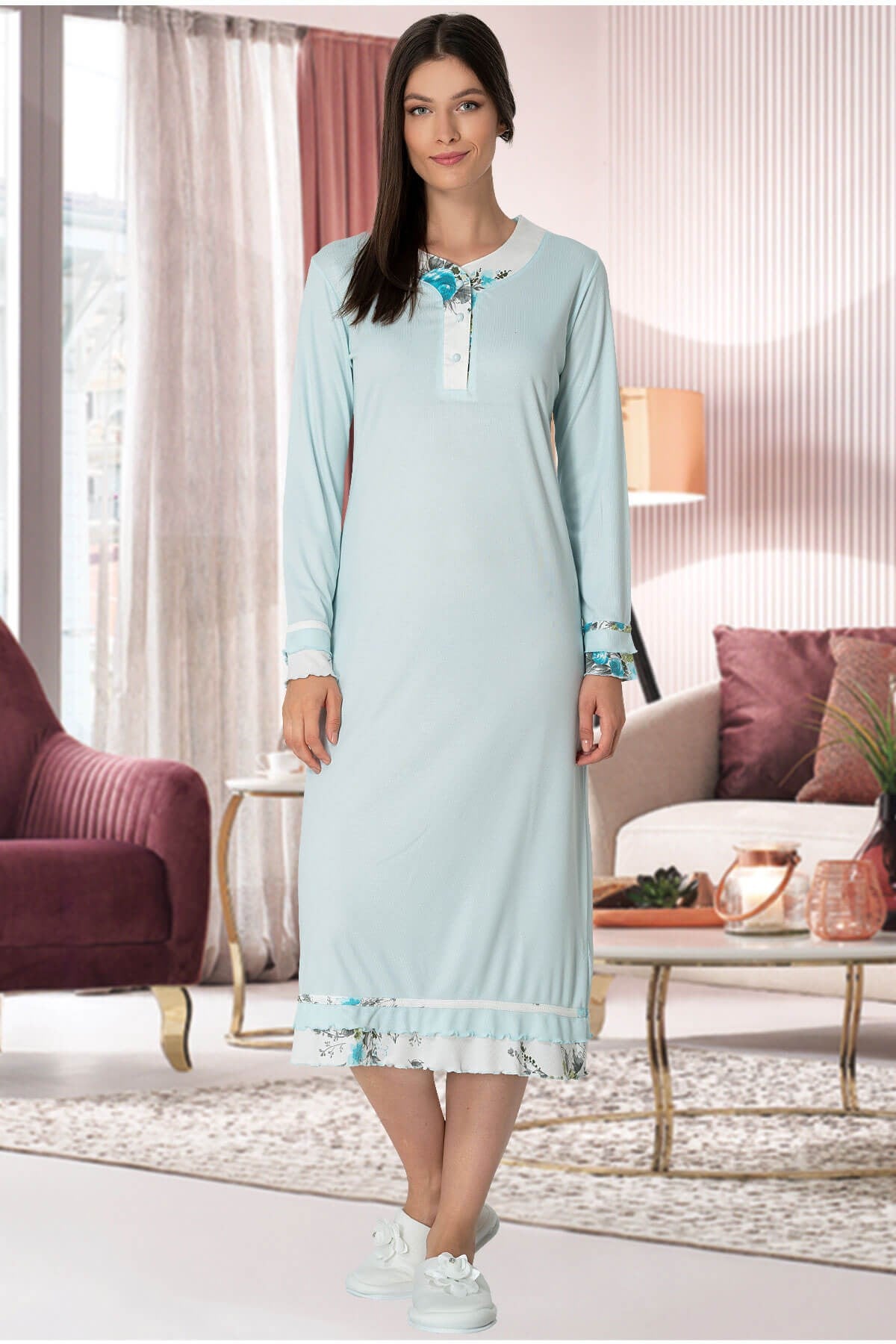 Mecit 5356 Turkuaz Sabahlık Gecelik Pijama Set